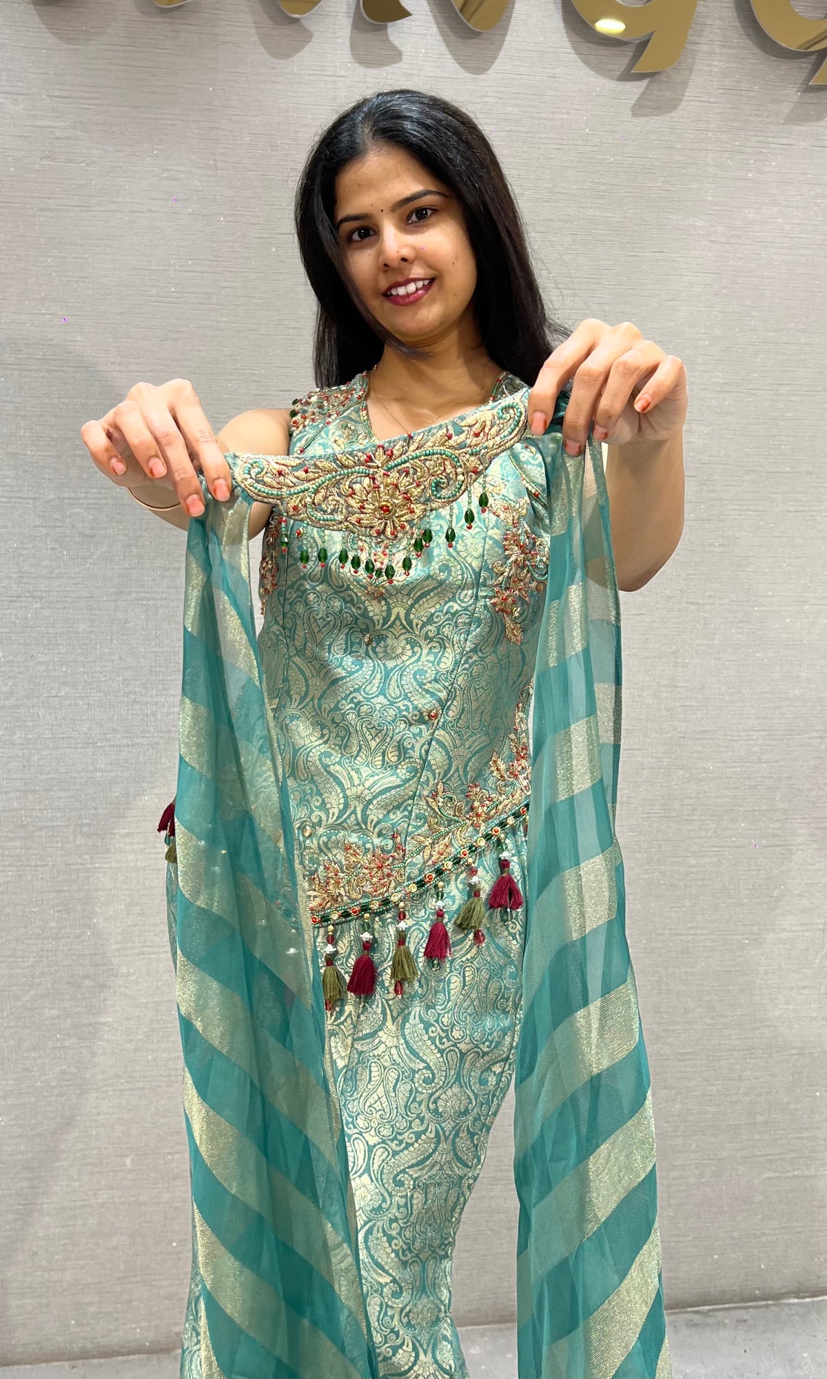 Green Gold Floral Banarasi Silk Brocade Peplum palazzo set