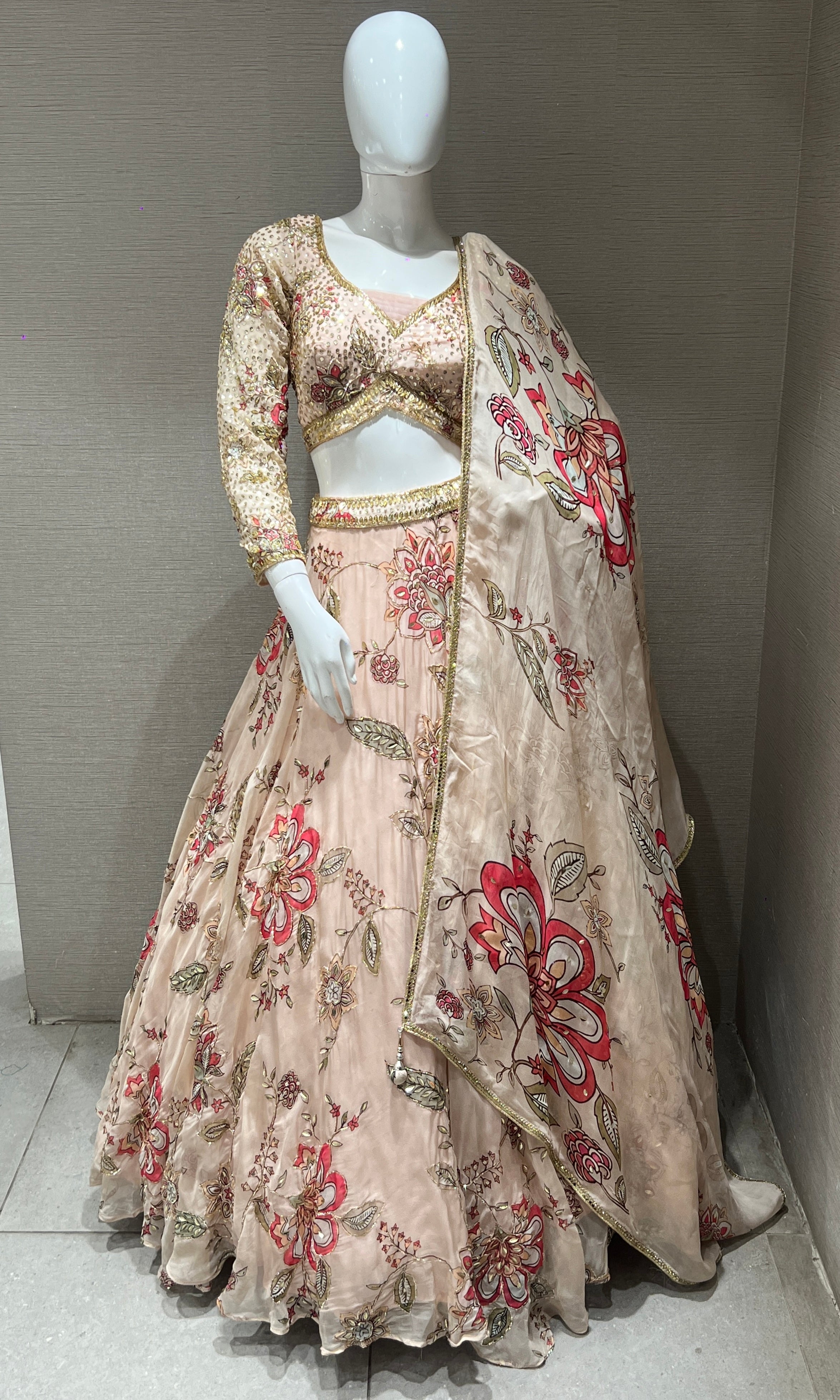 Light peach Floral Embroidered Lehenga
