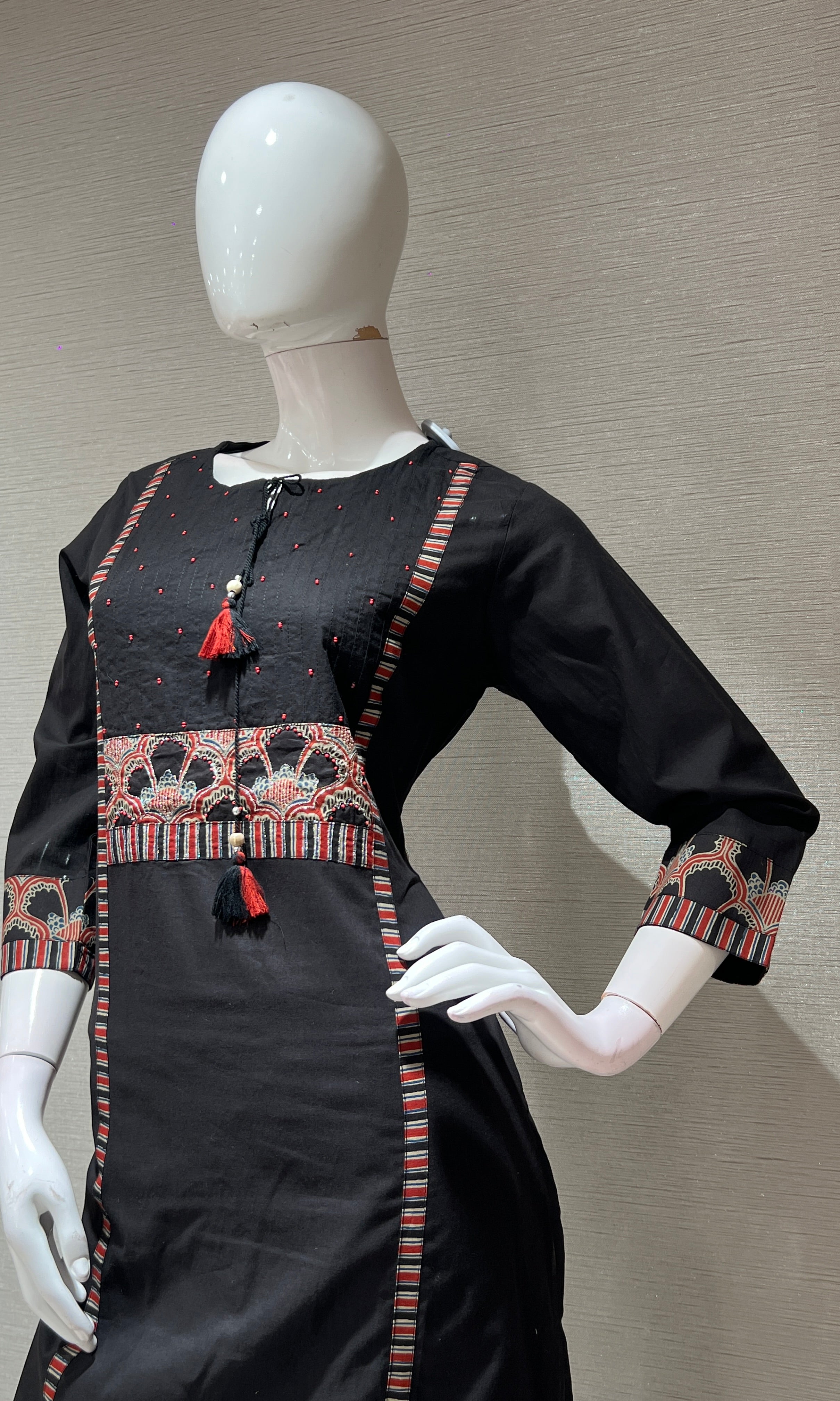 Black A LINE EMBROIDERED KURTA SET