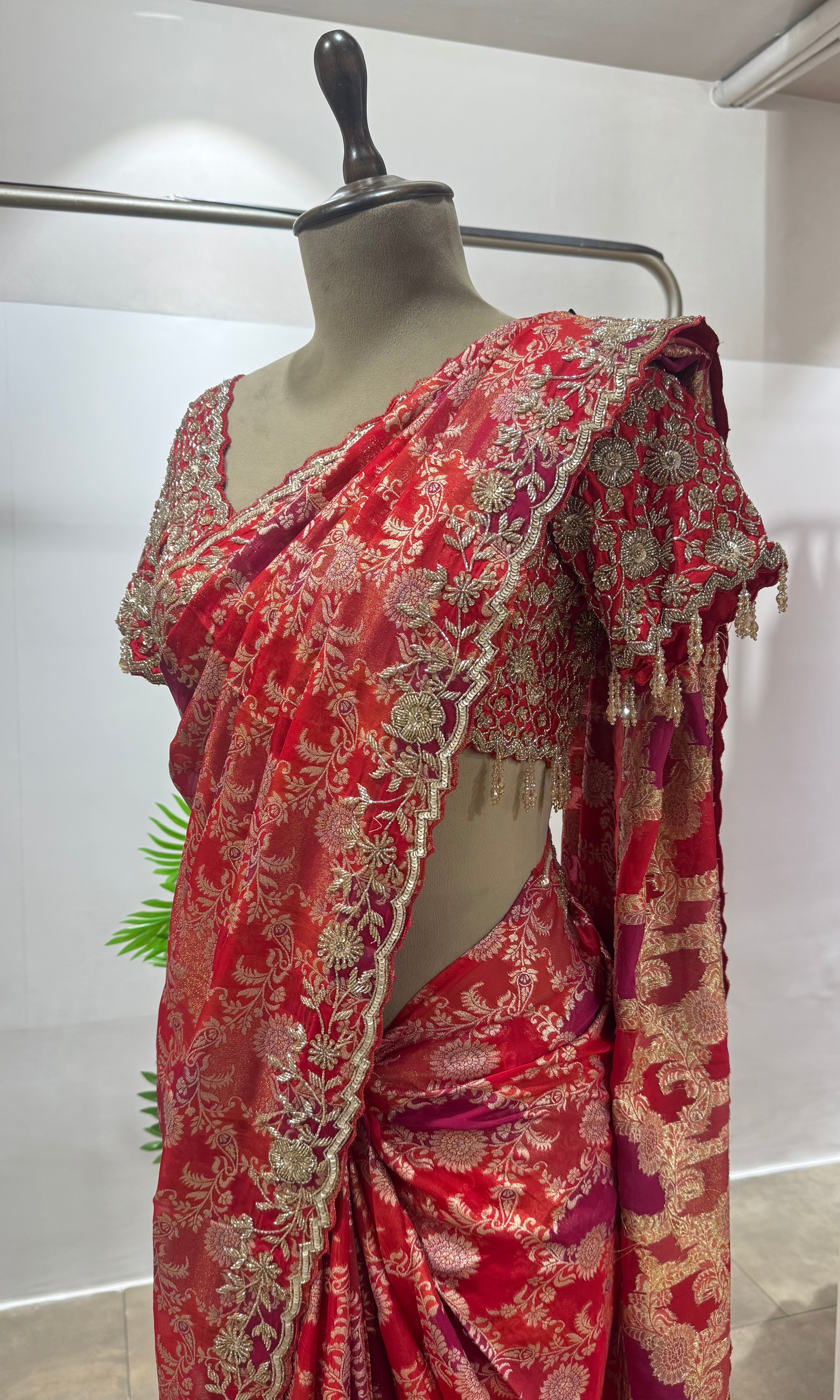 RED GOLD WORK BANARASI SILK SAREE WITH BLOUSE