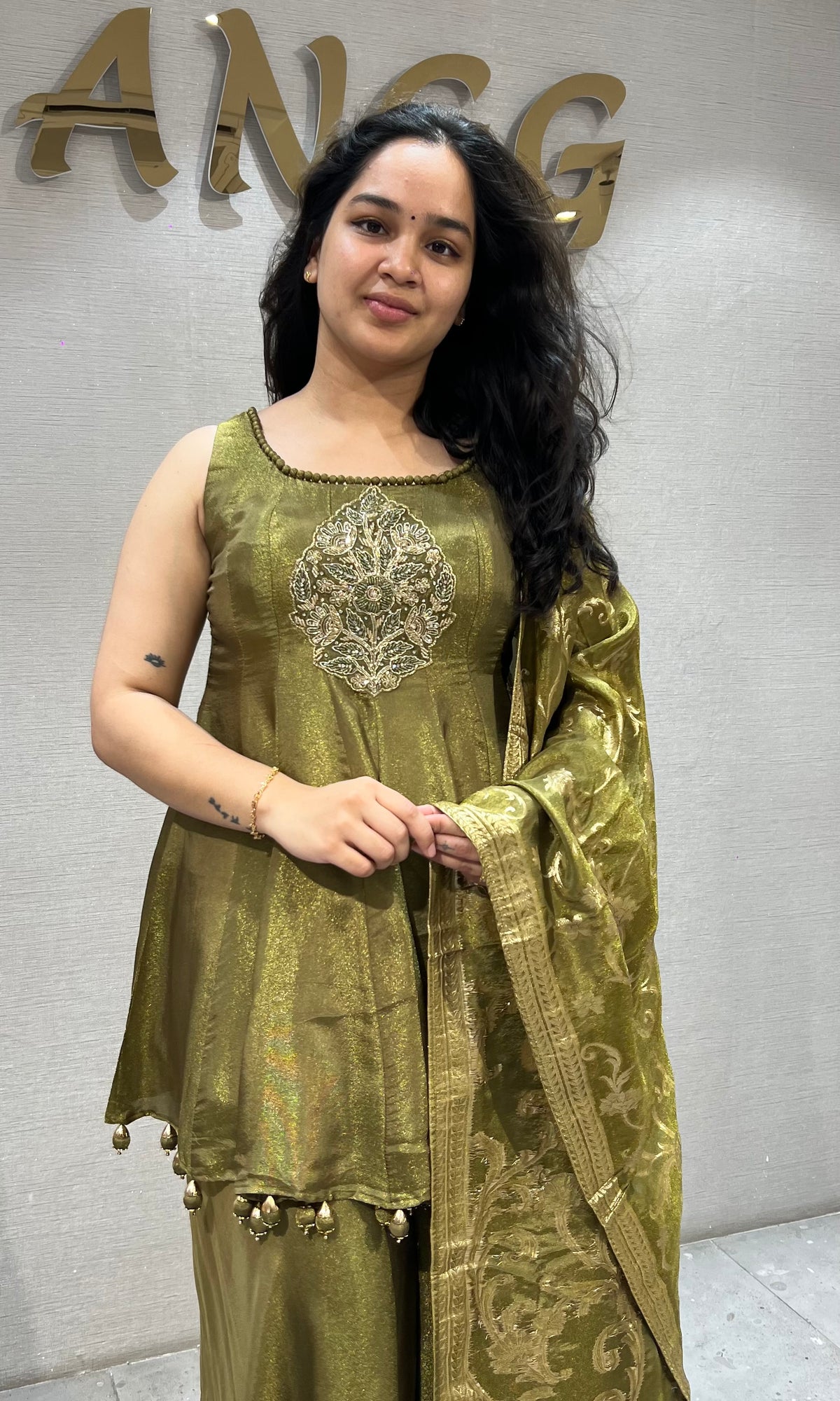 Mehandi Green Shimmer Metallic Ethnic Palazzo Set