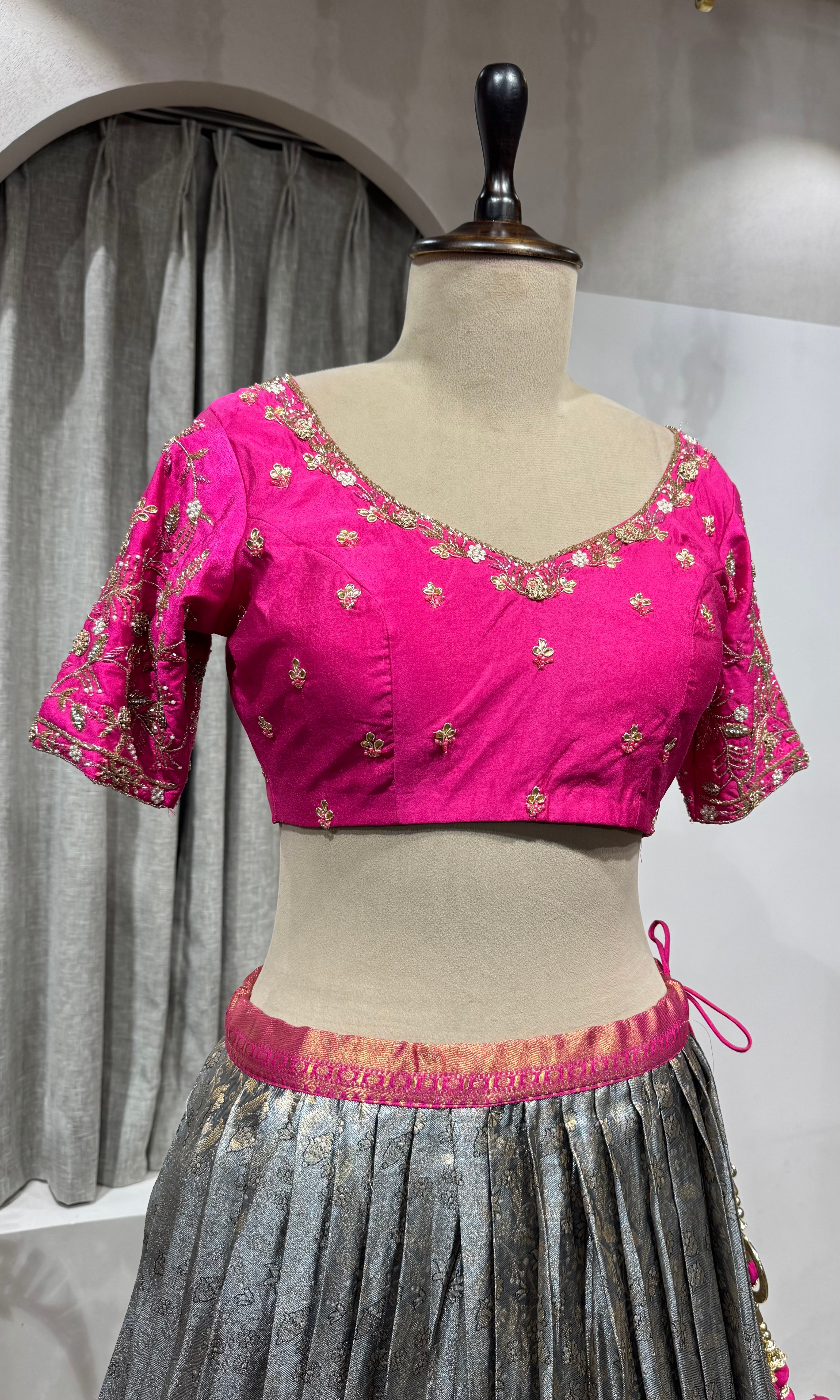 PINK AND GREY KANJIVARAM PATTU LEHENGA