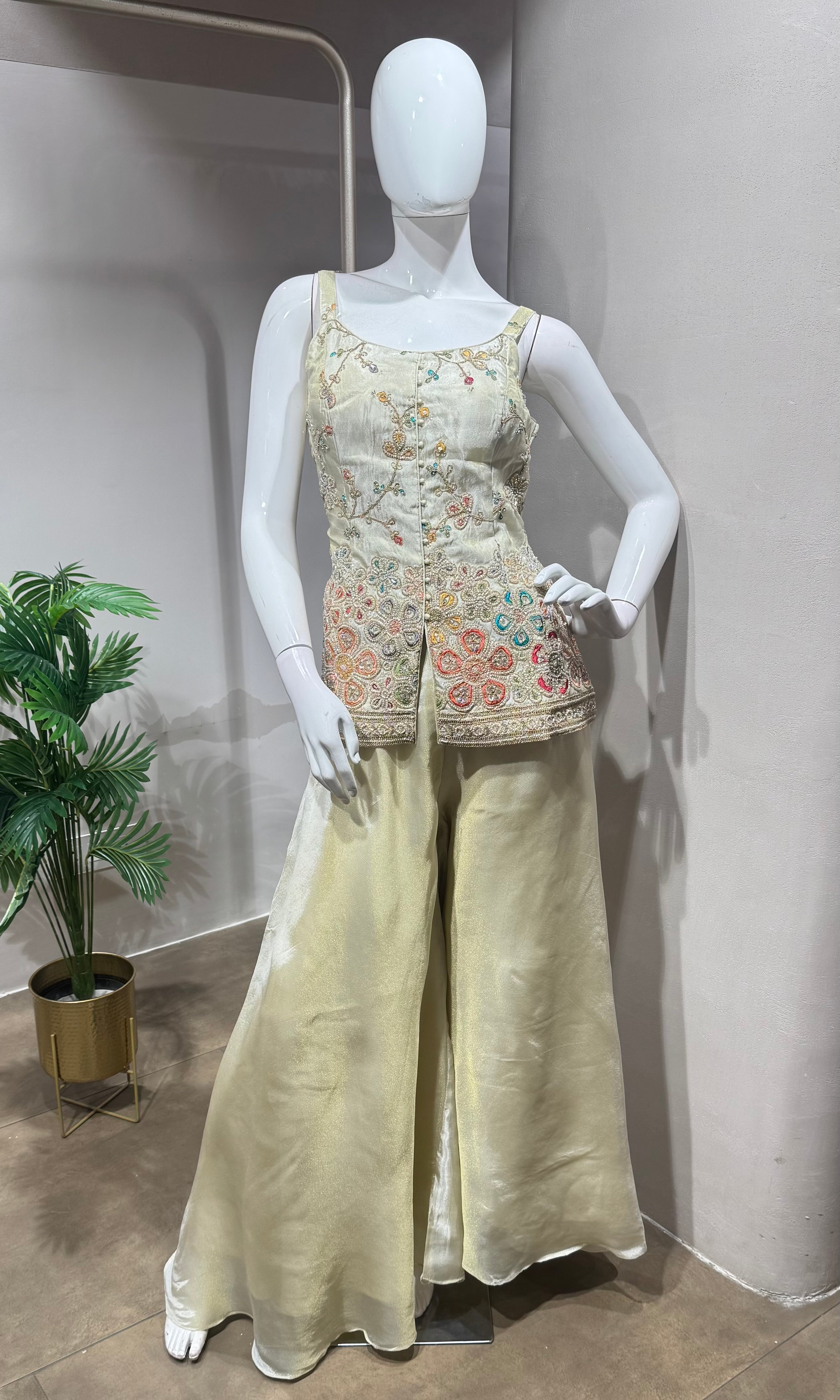 Cream Floral Embroidered Palazzo Set