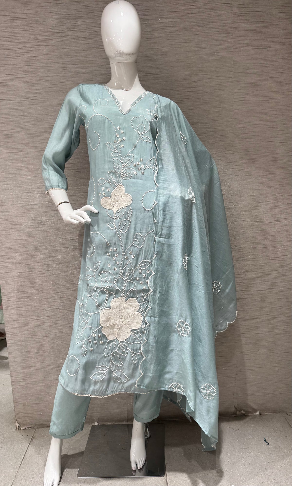 Sky Blue Cotton silk Floral Kurta set with dupatta