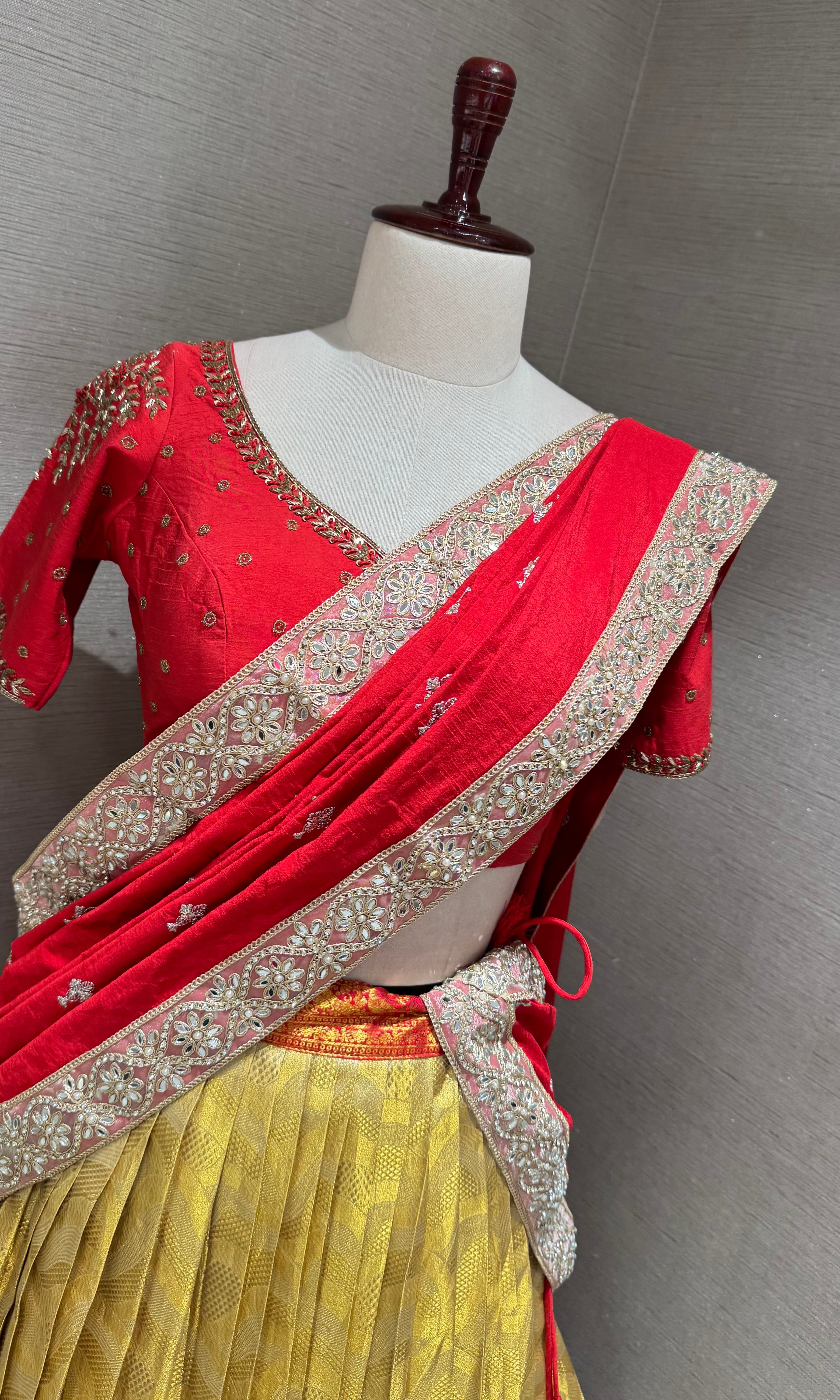 Red and gold banarasi pattu lehenga set
