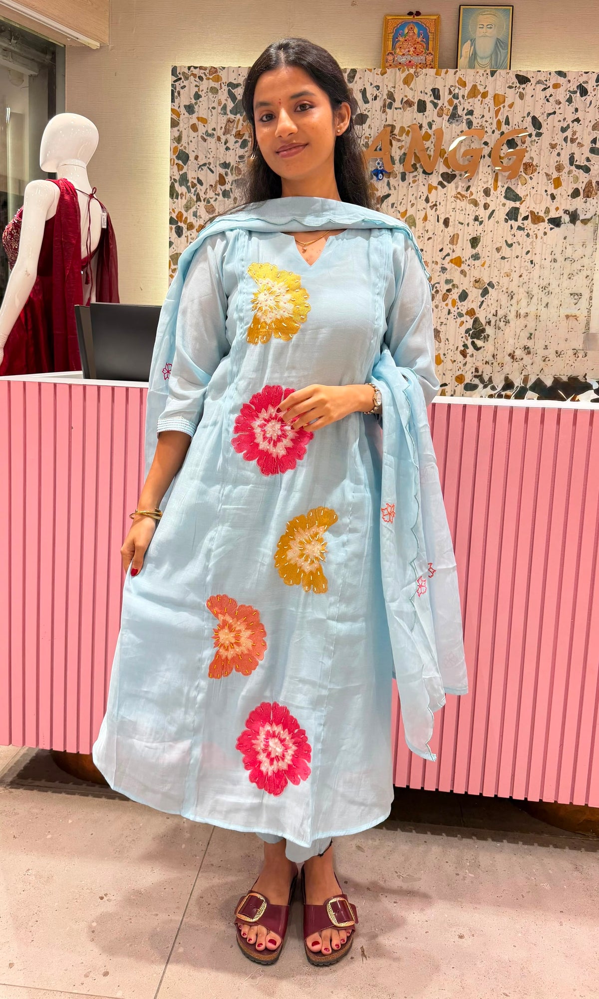 sky blue cotton silk Floral Motif Kurta set with dupatta