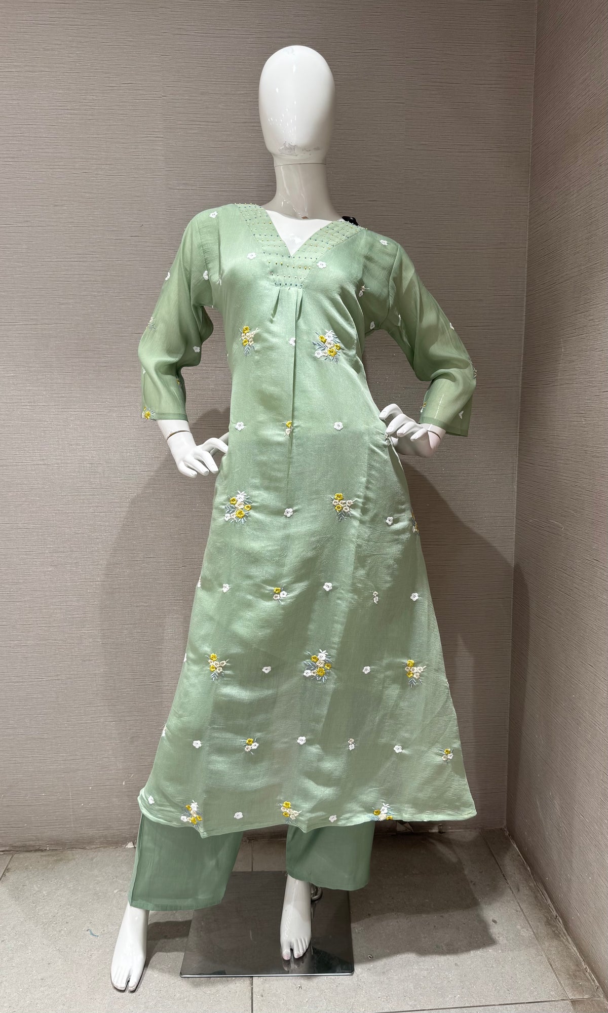 Pista Green Chanderi Kurta Set with Gold Zari Border Dupatta