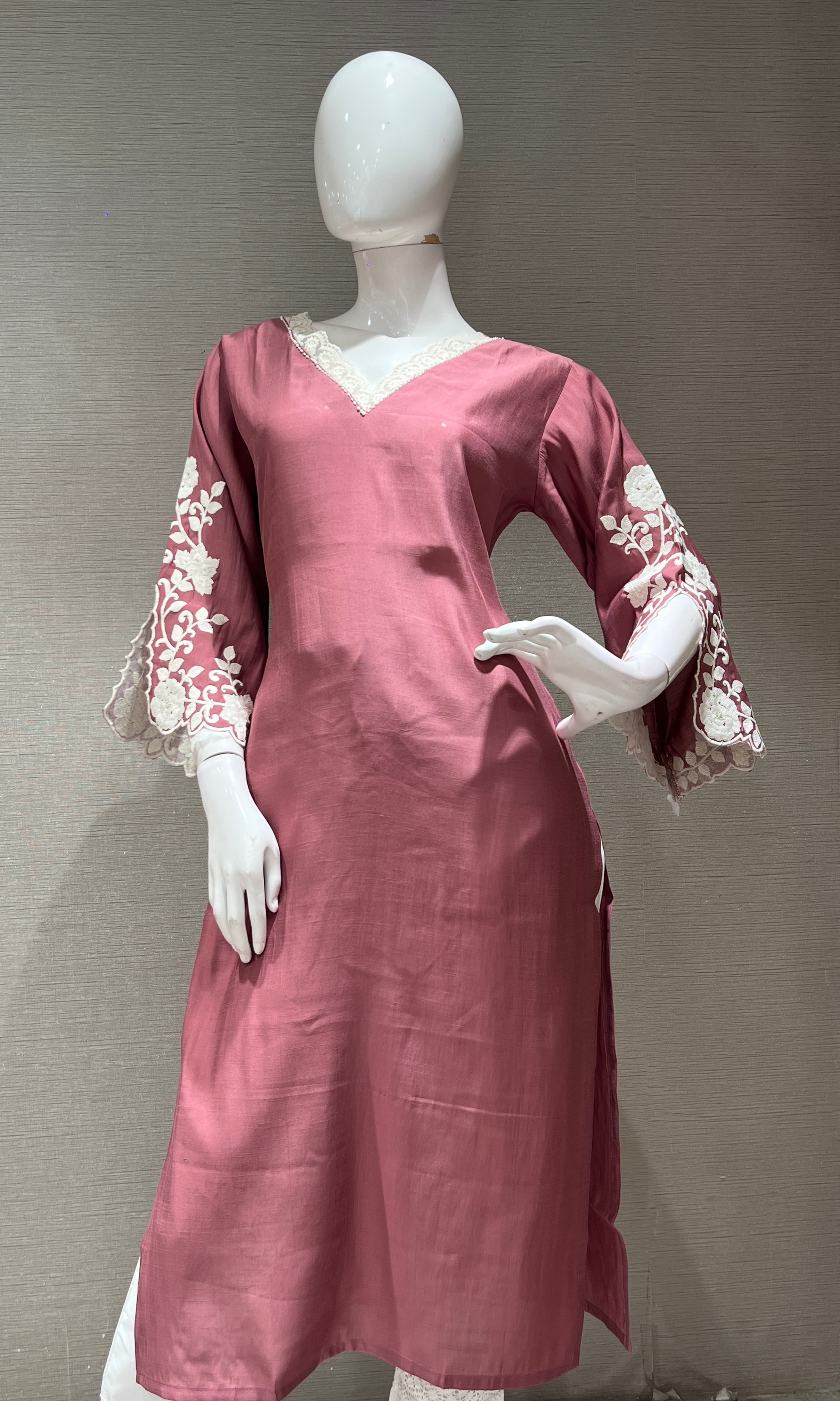 Pink KURTI TOP WITH FULL FLORAL SLEEVES