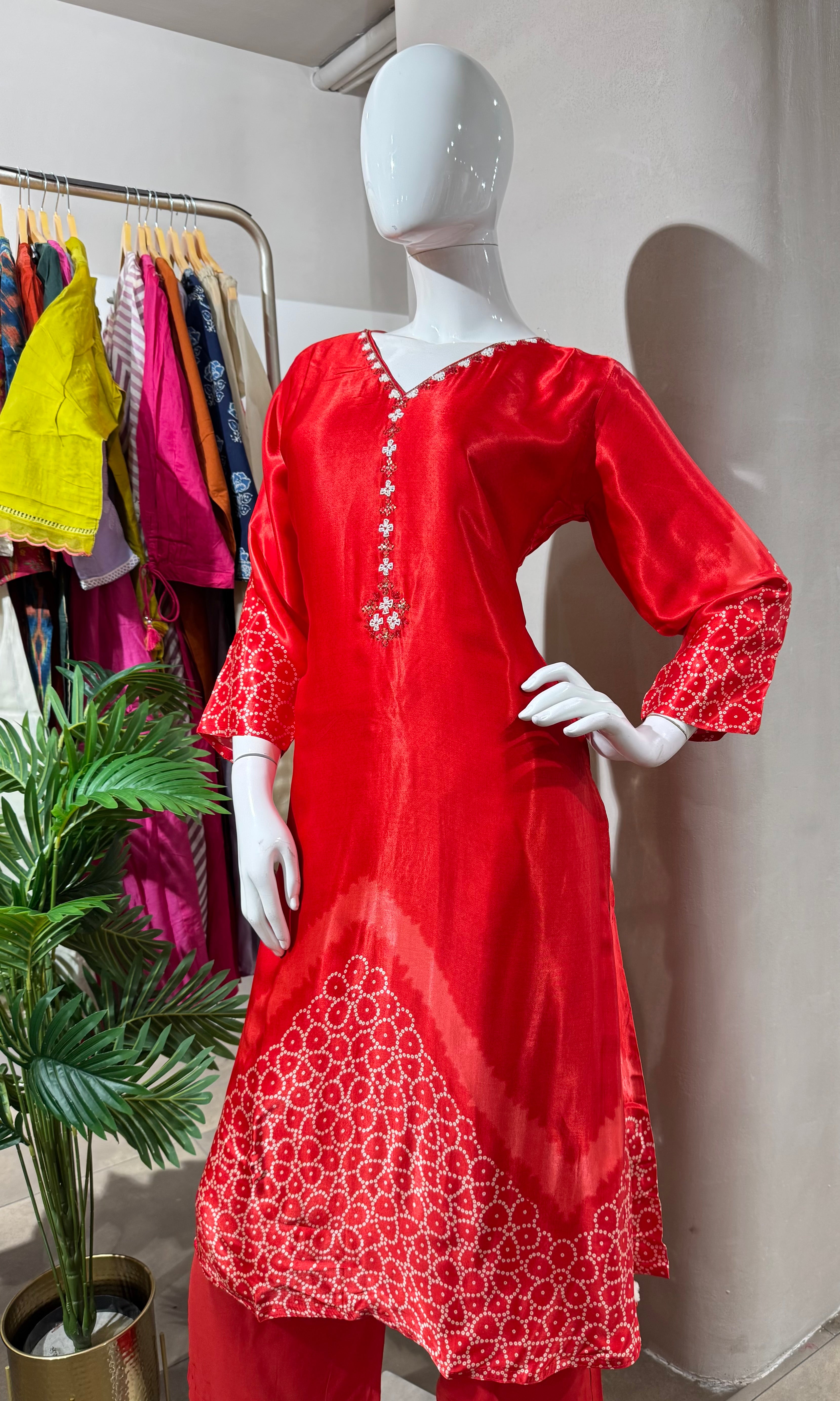 RED EMBROIDERED KURTI WITH BOTTOM