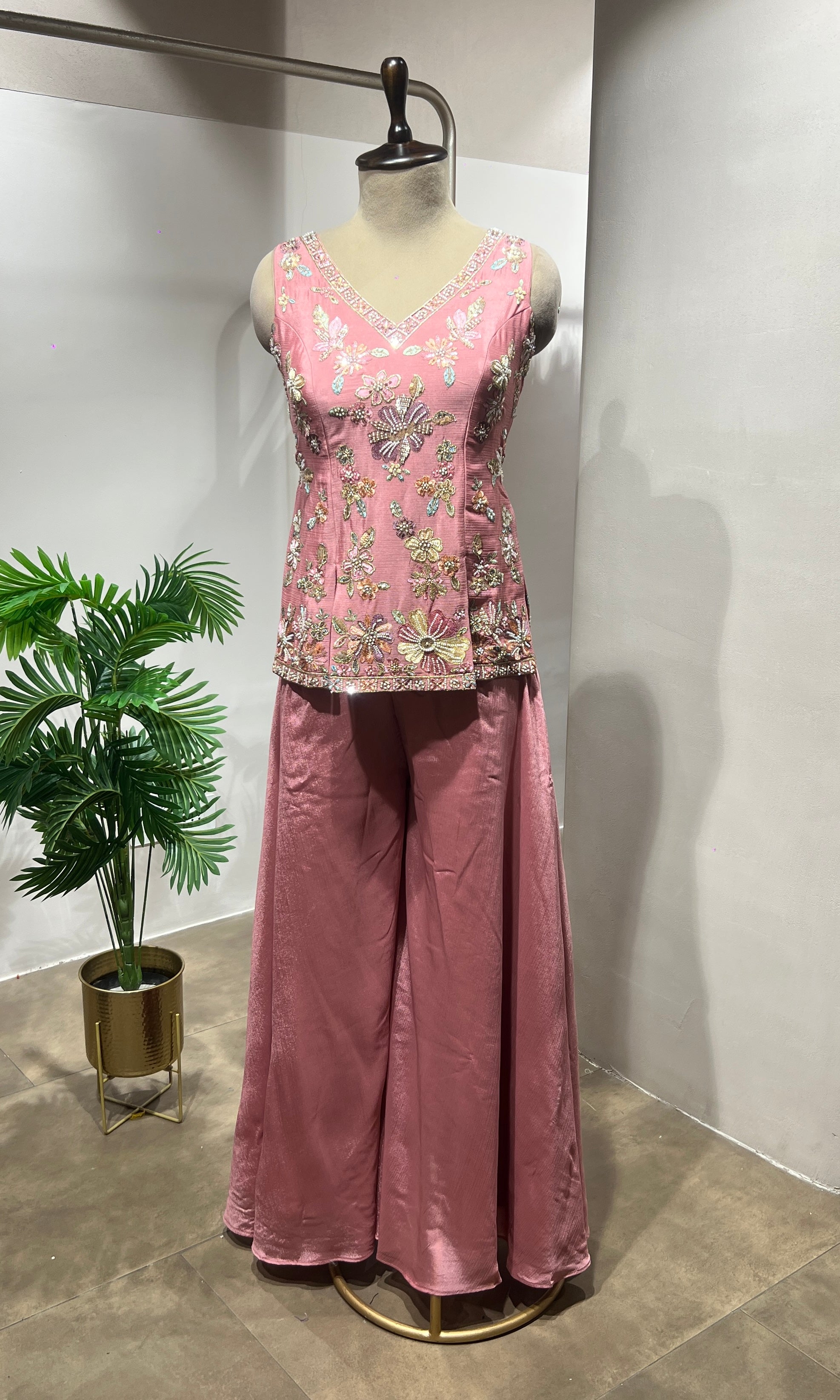 Baby Pink Floral Embroidered Palazzo Suit