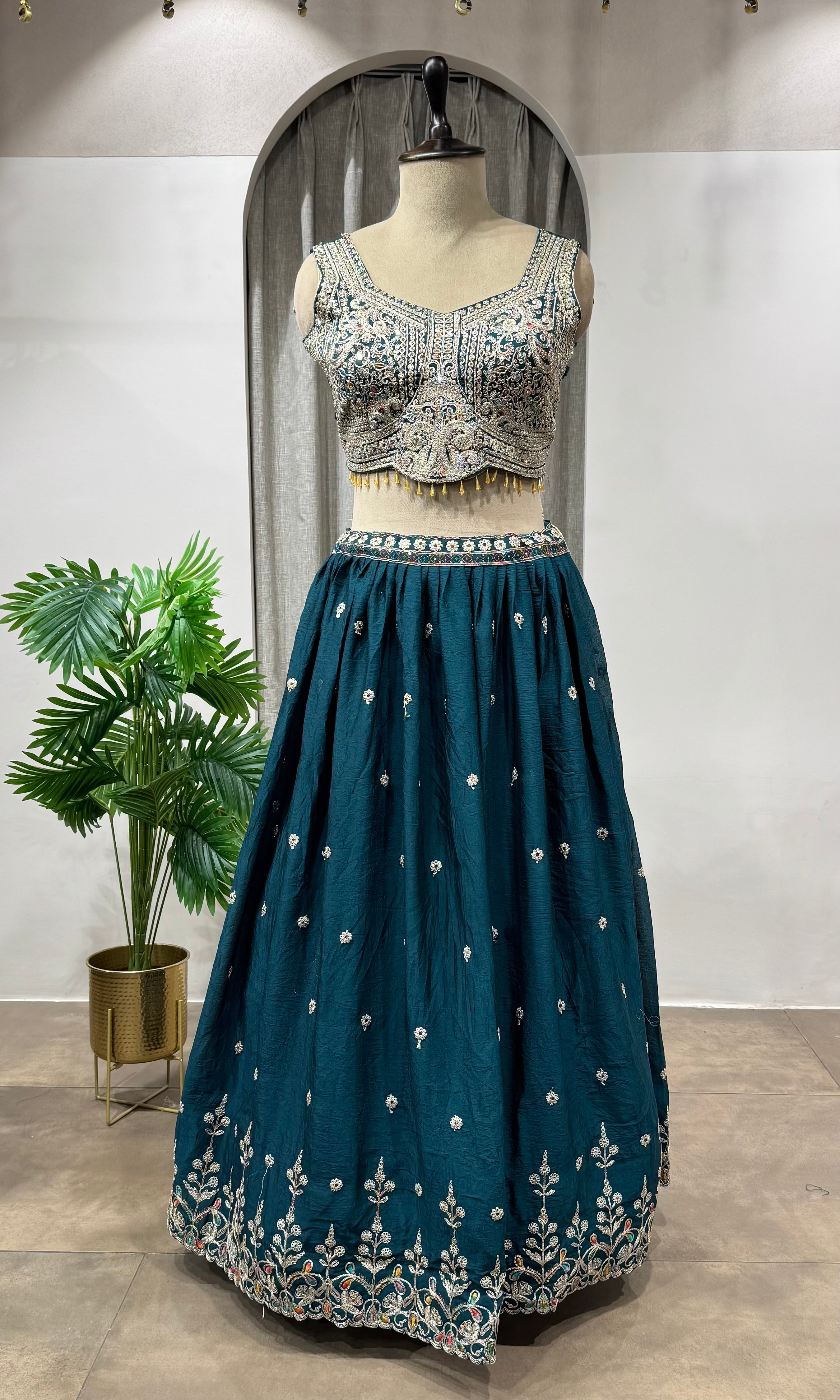 Peacock Blue Silk Embroidered Lehenga Choli Set