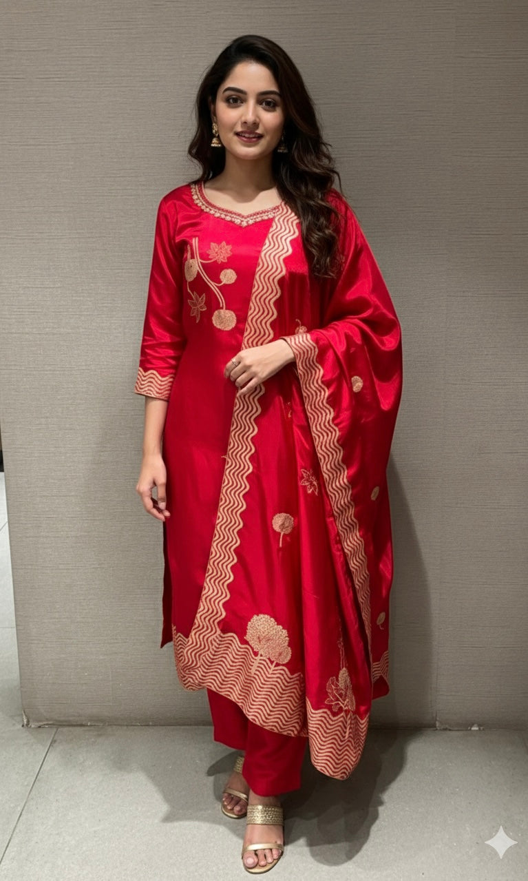 Rani Pink golden embroidered kurta set