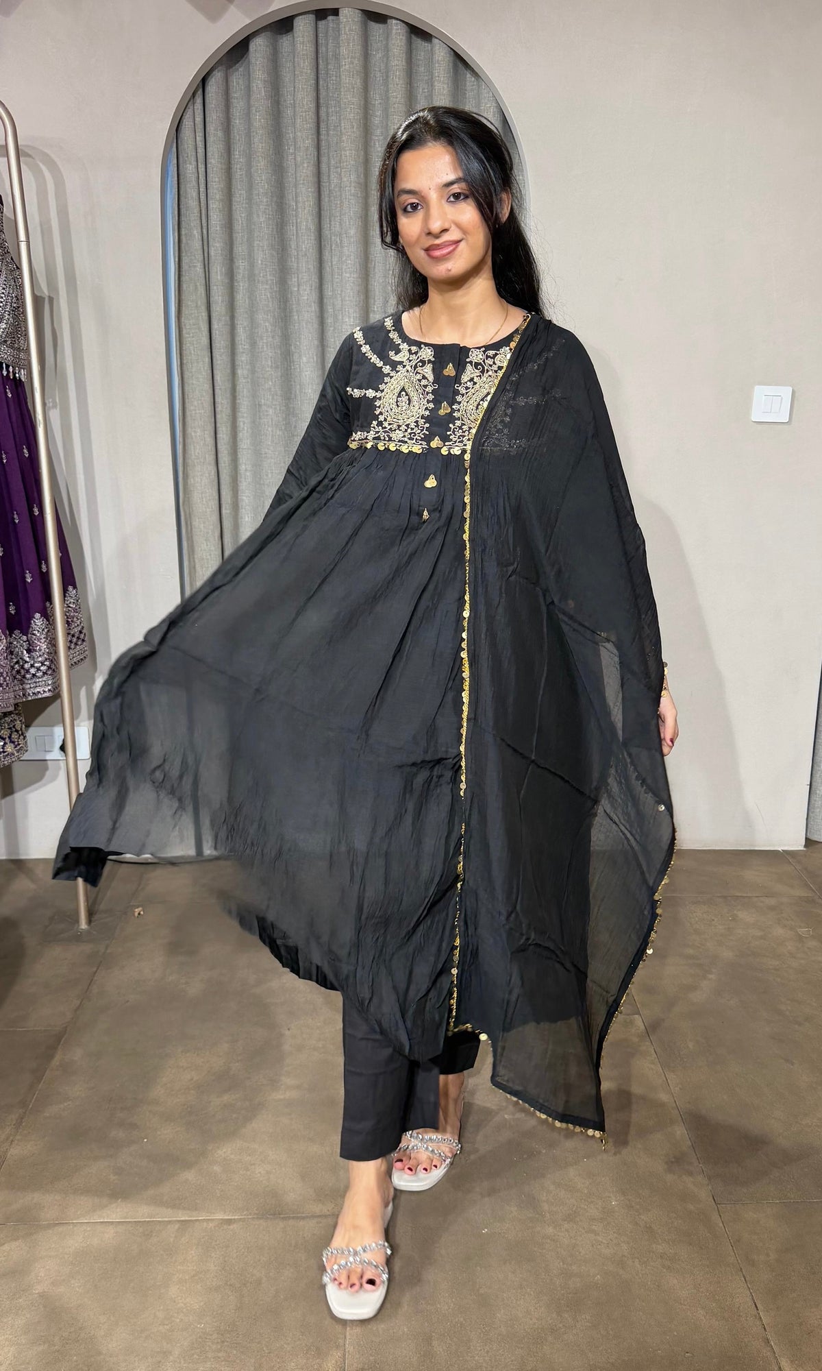 BLACK COTTON ETHNIC A LINE KURTA SET WITH DUPATTA