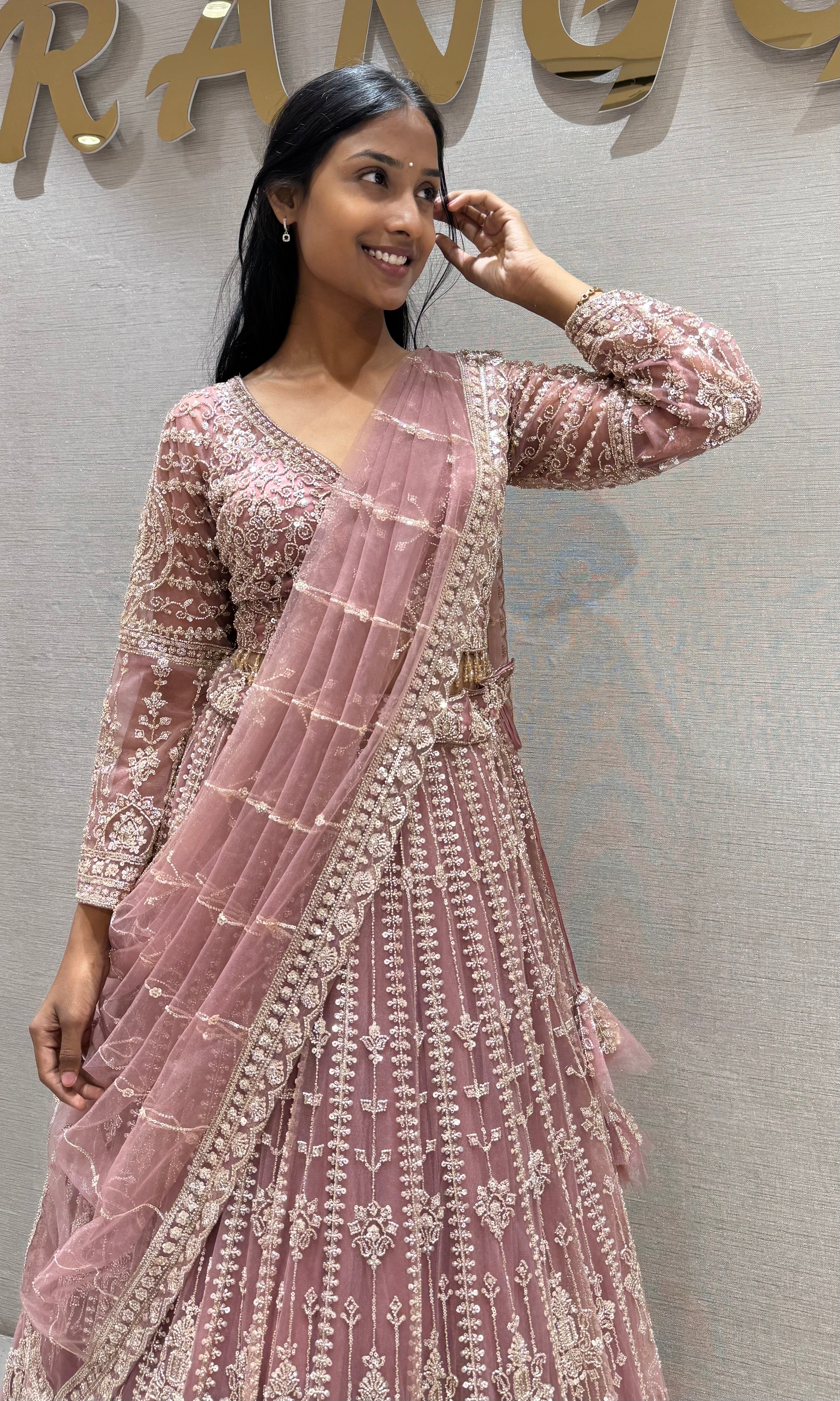 Pastel Rose pink Net Lehenga with Full Embroidered Sleeves