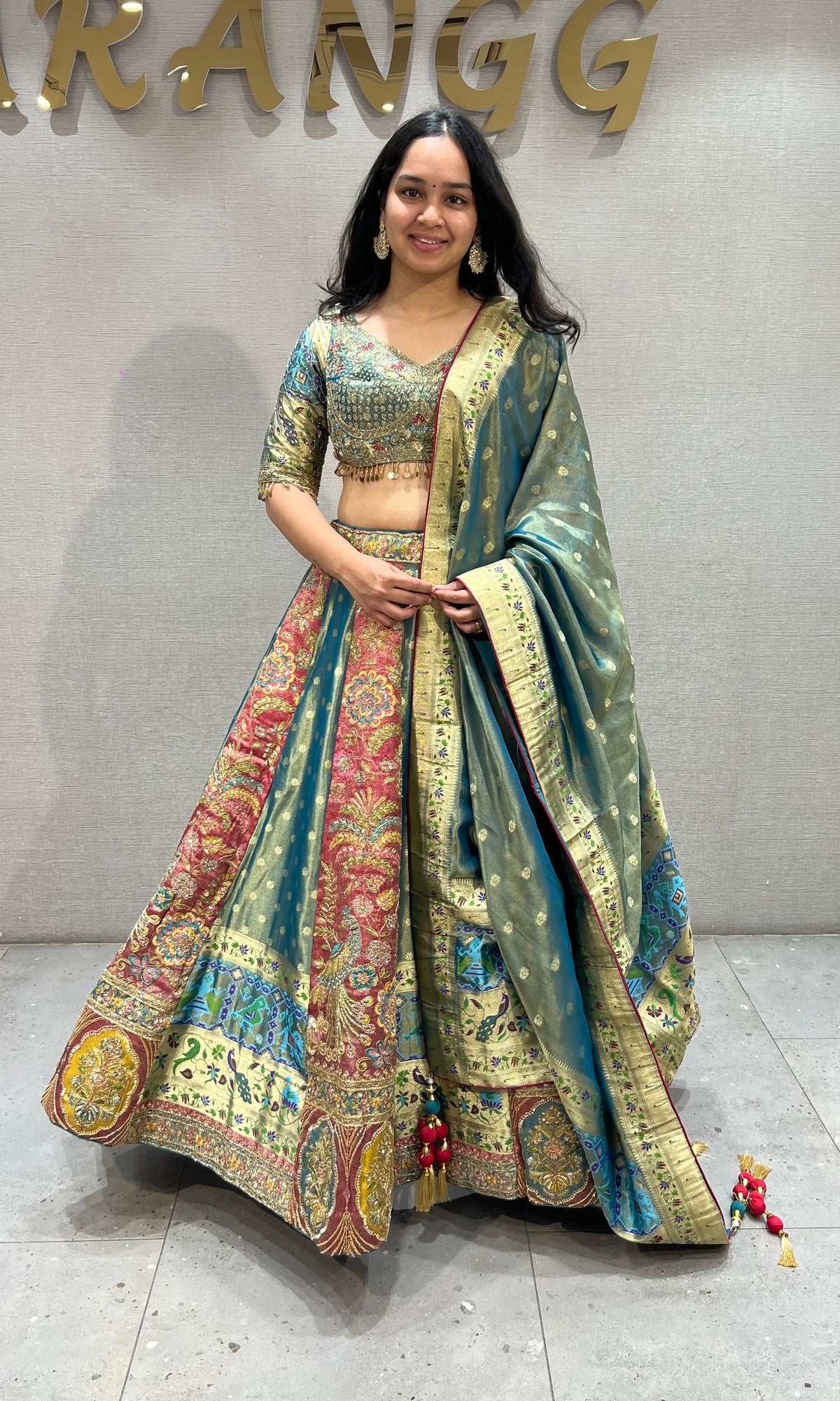 Rama and Golden banarasi Embroidered Silk Lehenga set