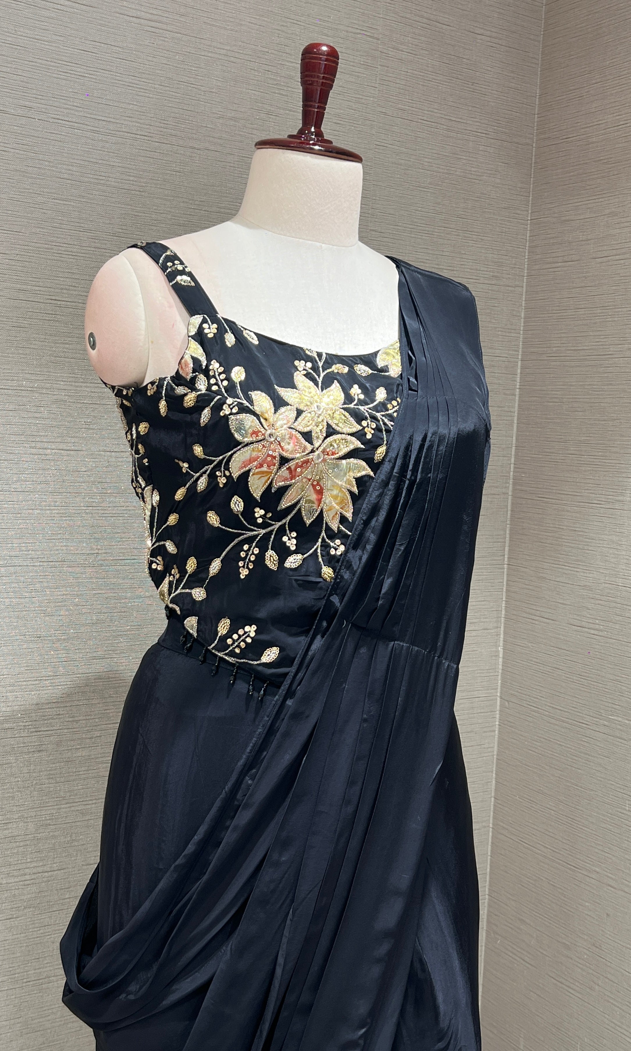 Black drape saree WITH FLORAL CORSET BLOUSE