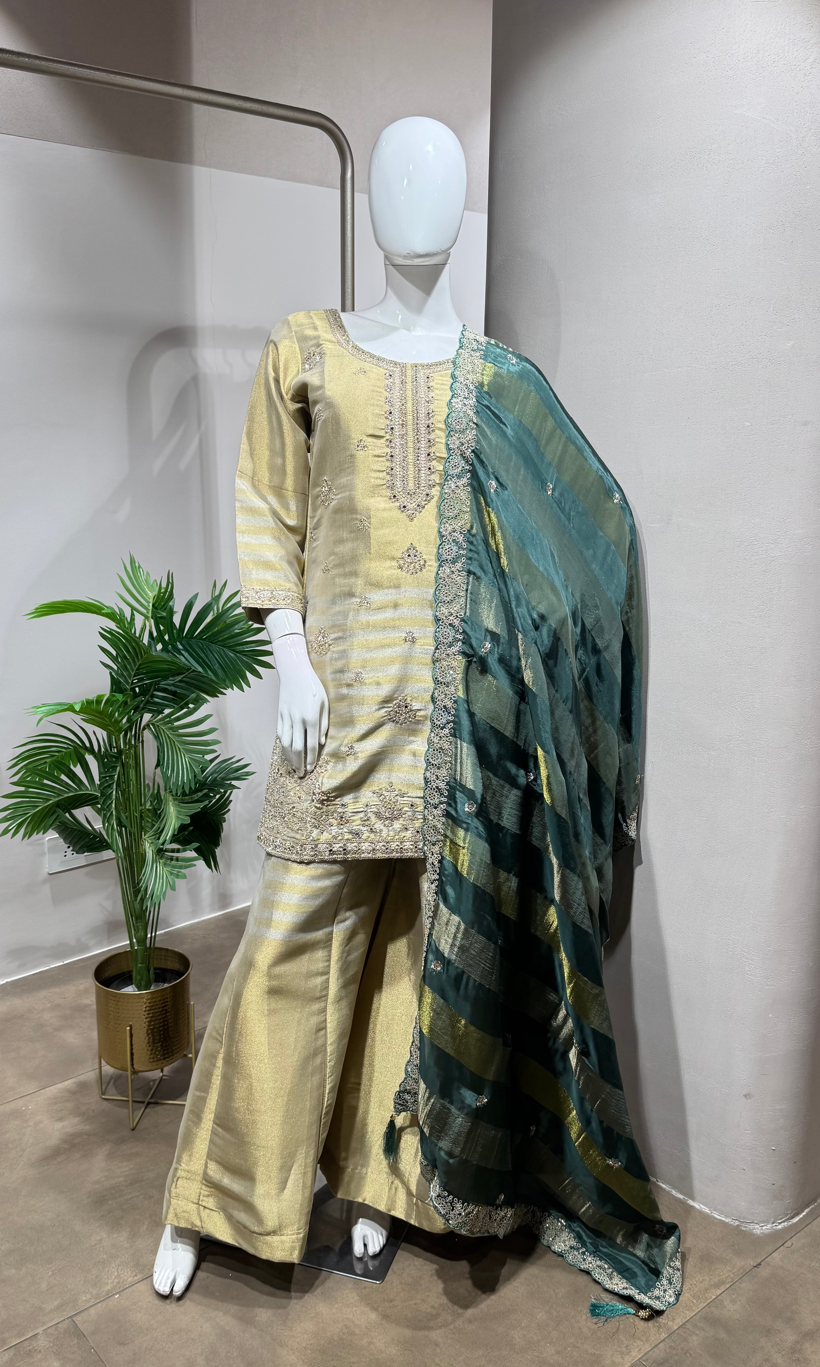 BOTTLE GREEN golden shimmer tissue sharara set