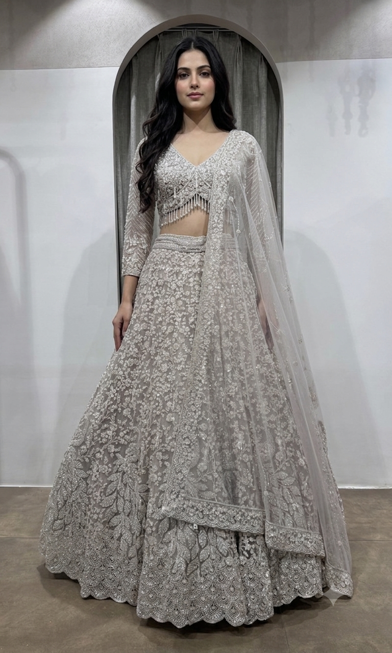 Grey Silver Net Heavy Embroidered Bridal Lehenga Set