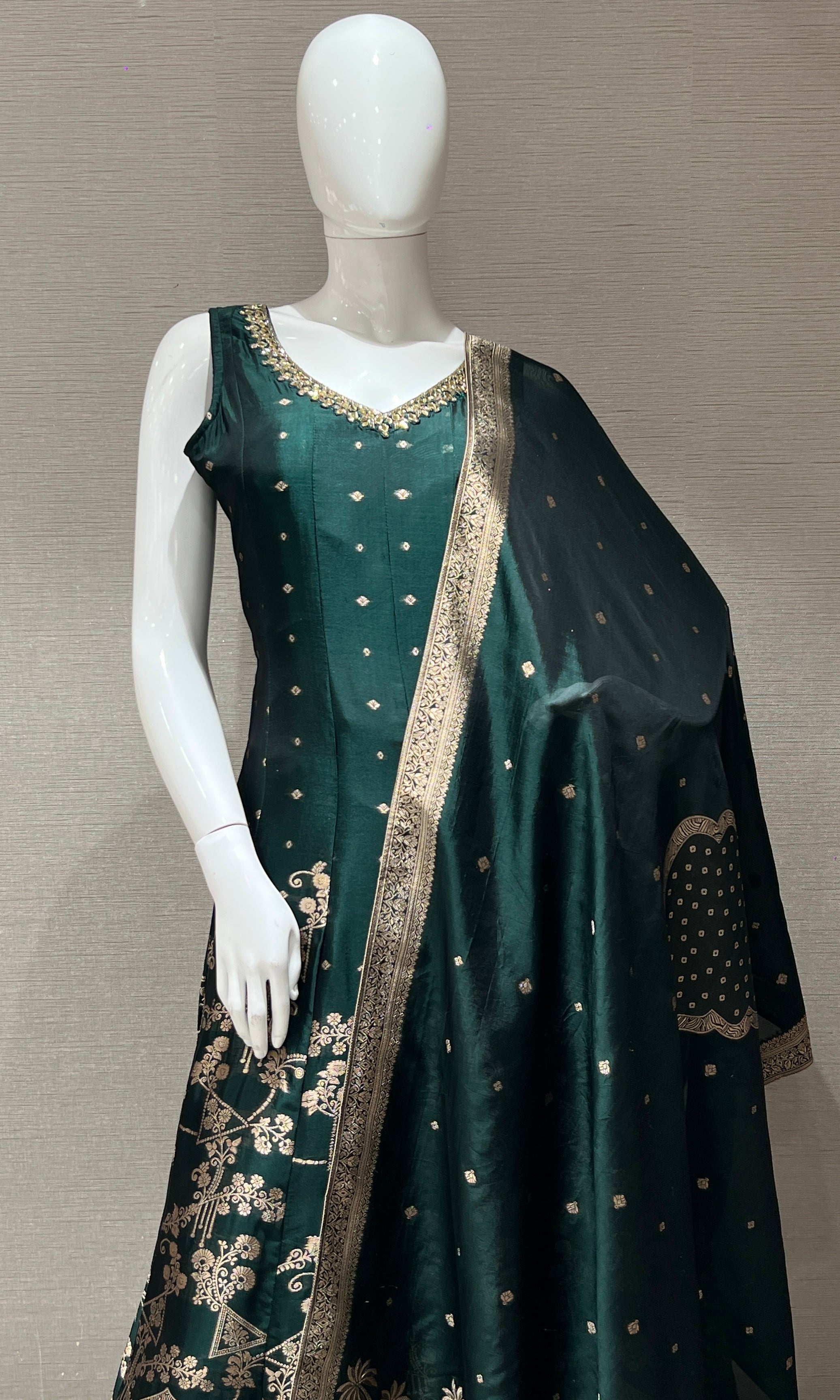 Bottle Green Anarkali with Gold Print embroidery