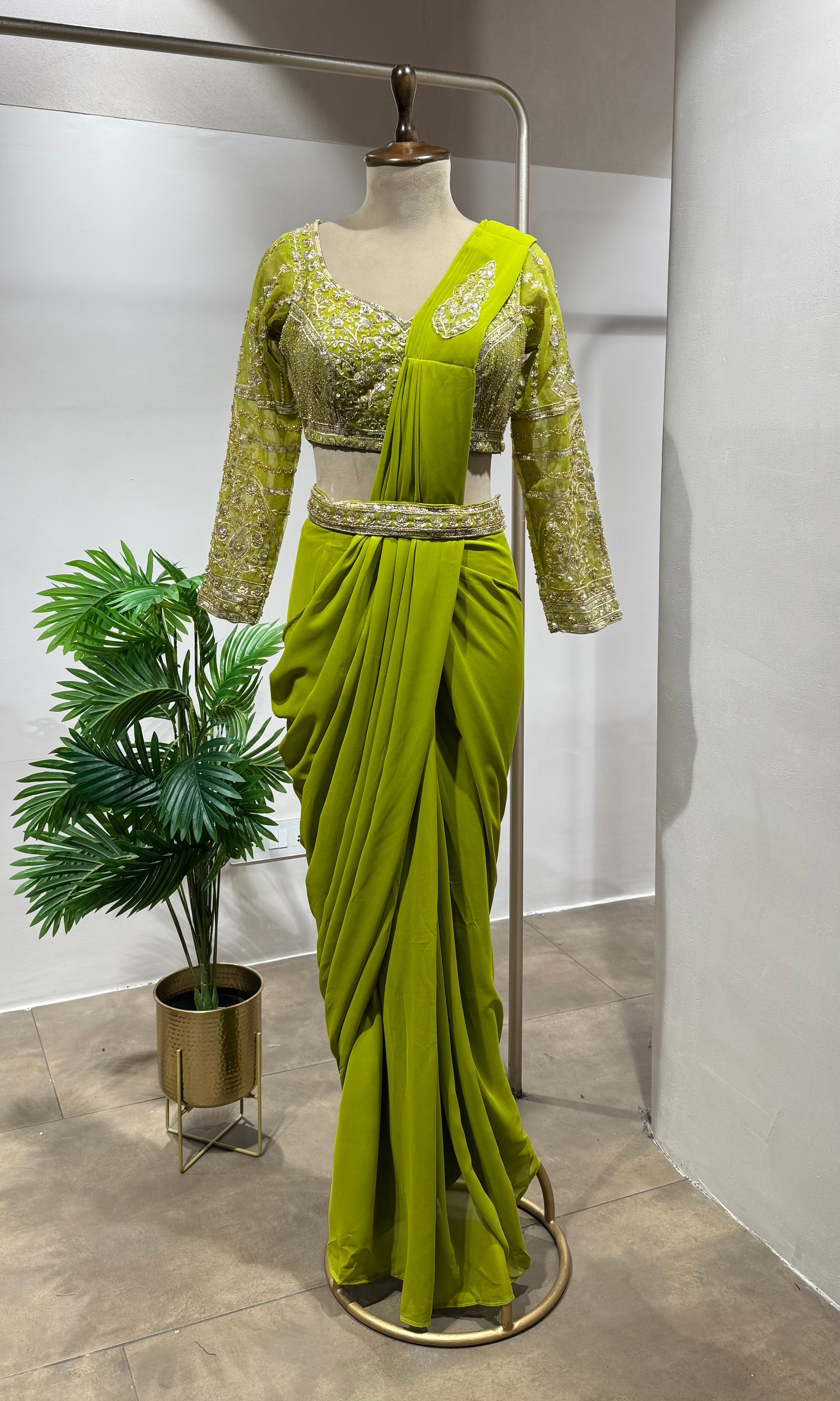 Lime Green Drape Saree WITH BLOUSE & BELT