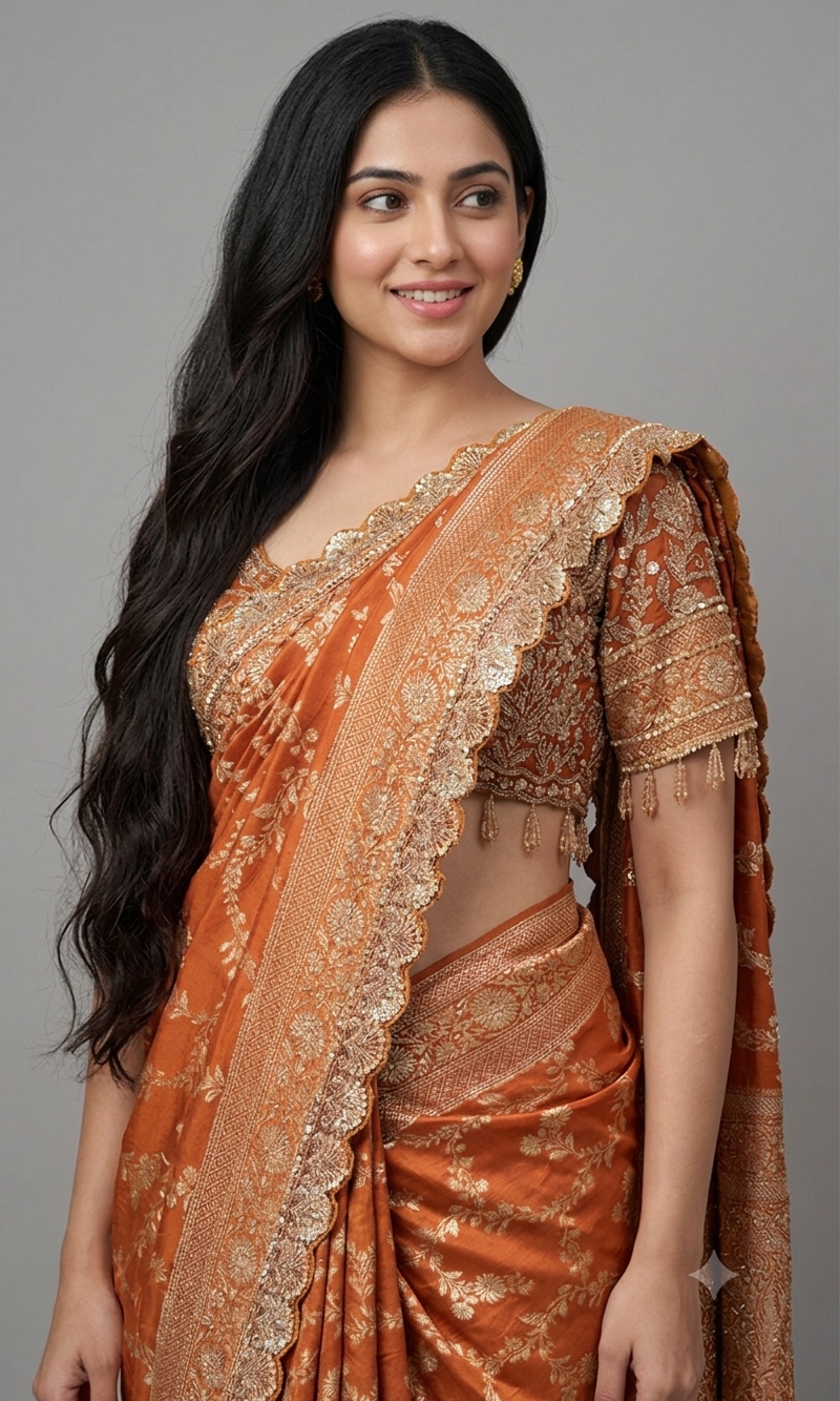Brown designer saree with embroidered blouse