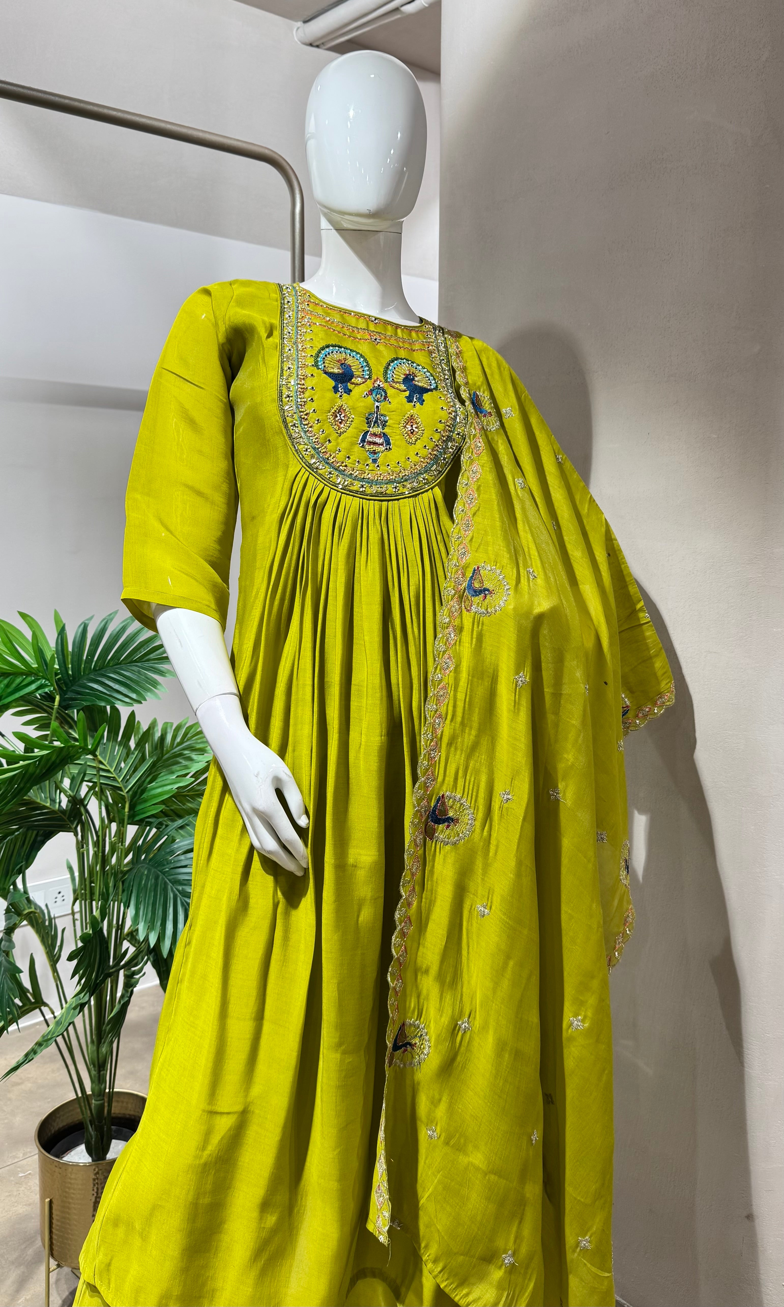 GREEN PEACOCK MUL CHANDERI KURTA SET