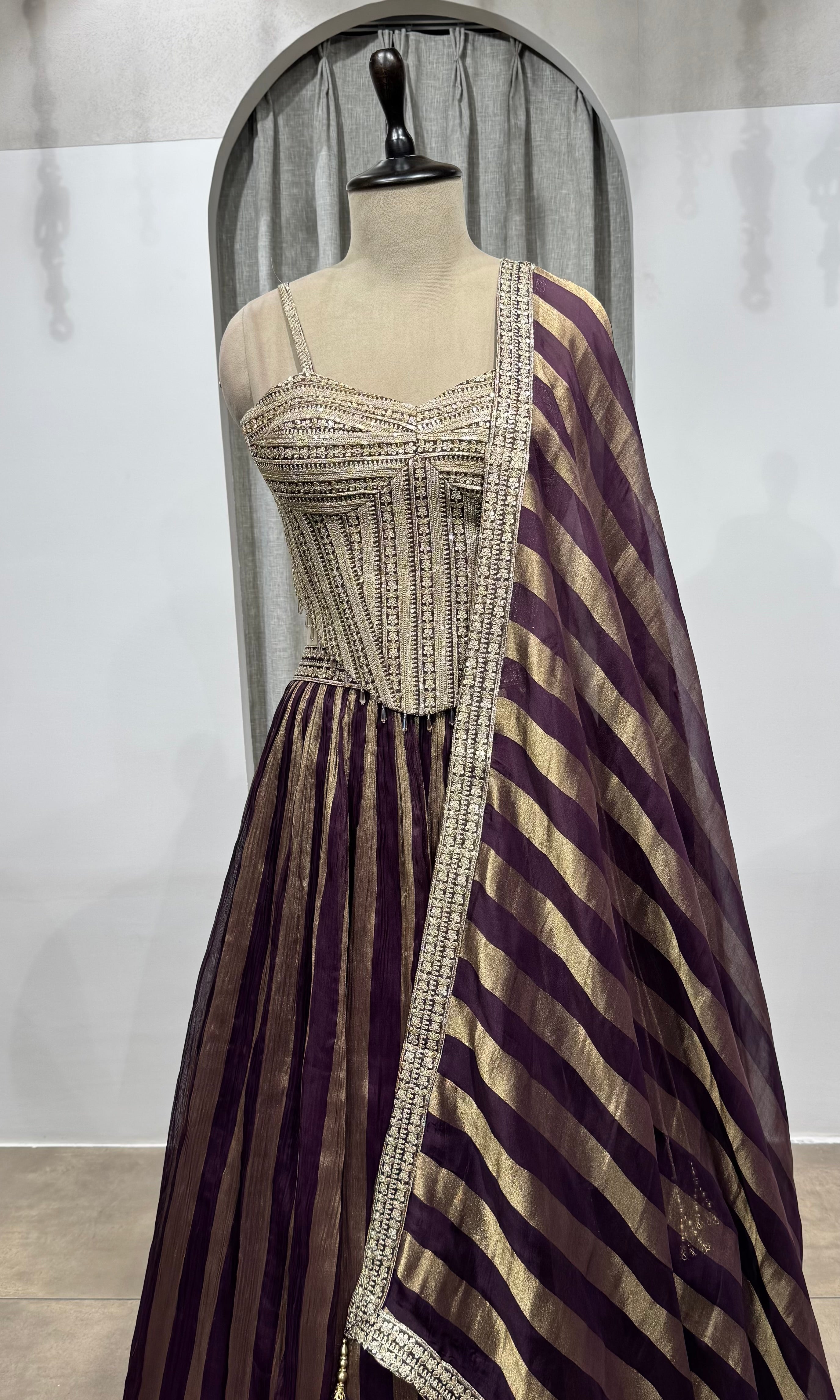 wine and gold striped corset lehenga