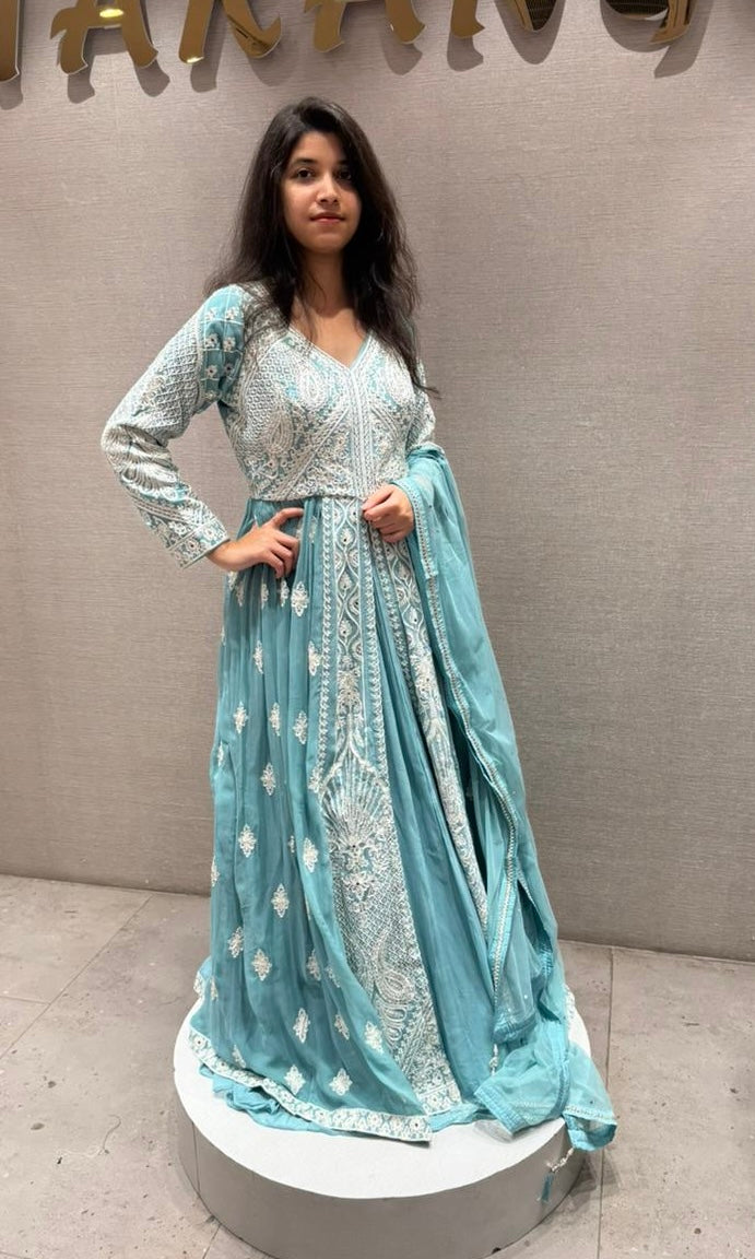 Azure Mist Chikankari Anarkali kurta Set