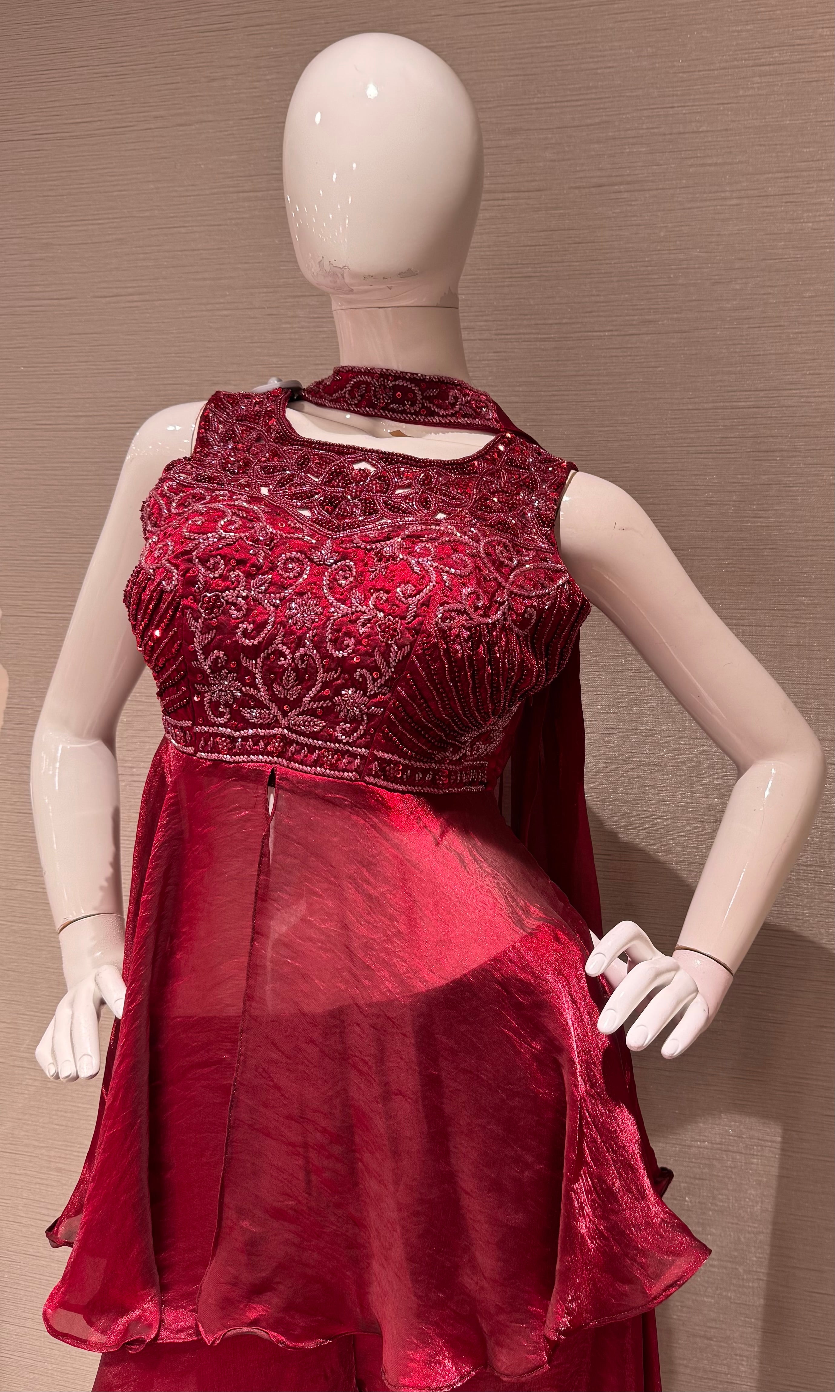 Maroon Embellished Peplum Palazzo Set