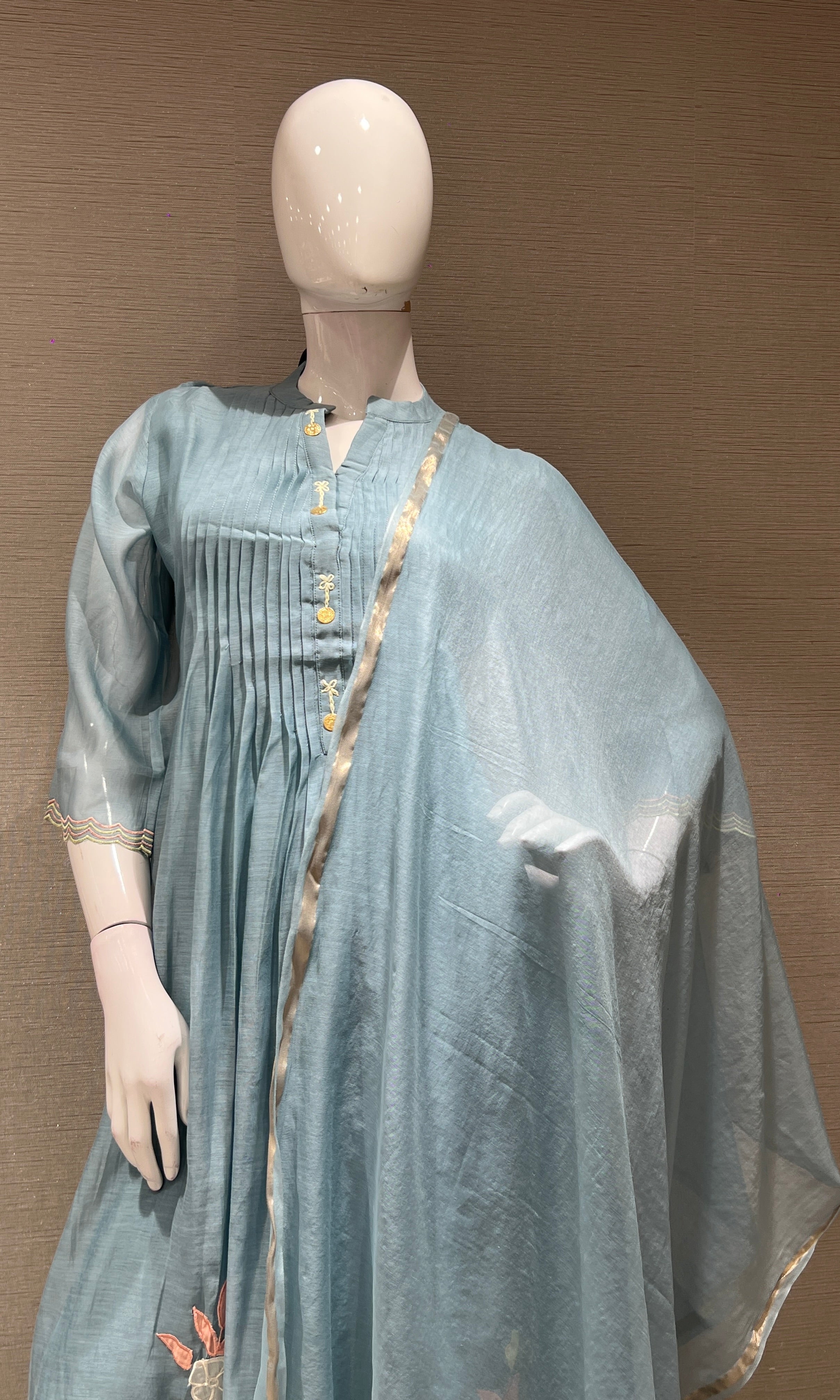 LIGHT blue FLORAL MUL CHANDERI KURTA SET
