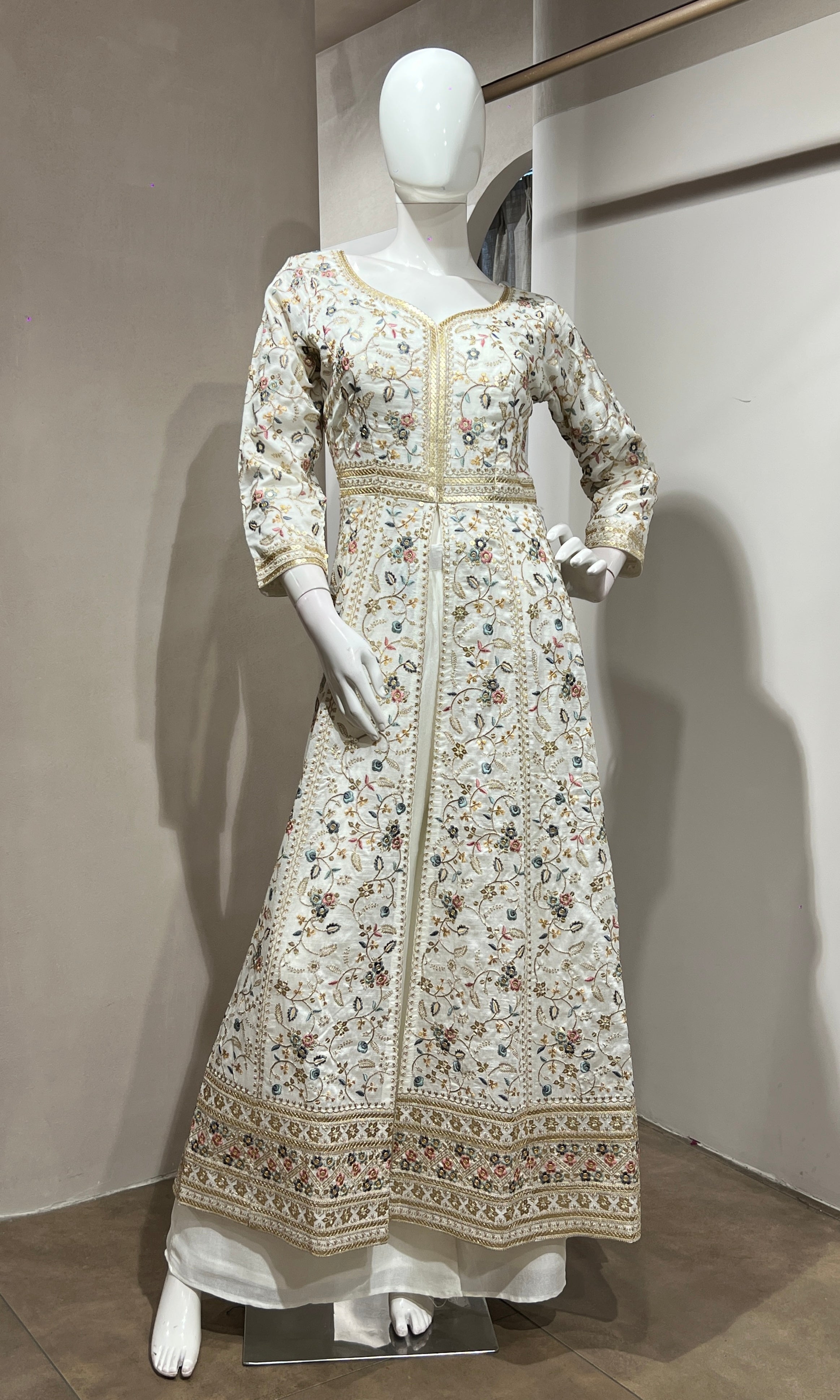 White EMBROIDERED FRONT SLIT ANARKALI SET