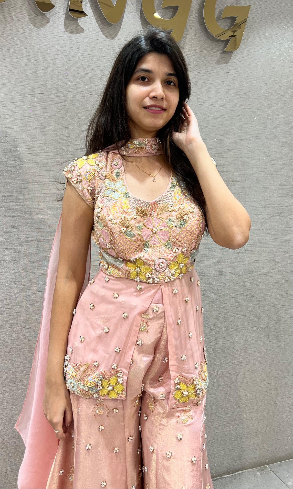 Blush Pink Satin Floral Embroidered Palazzo Set