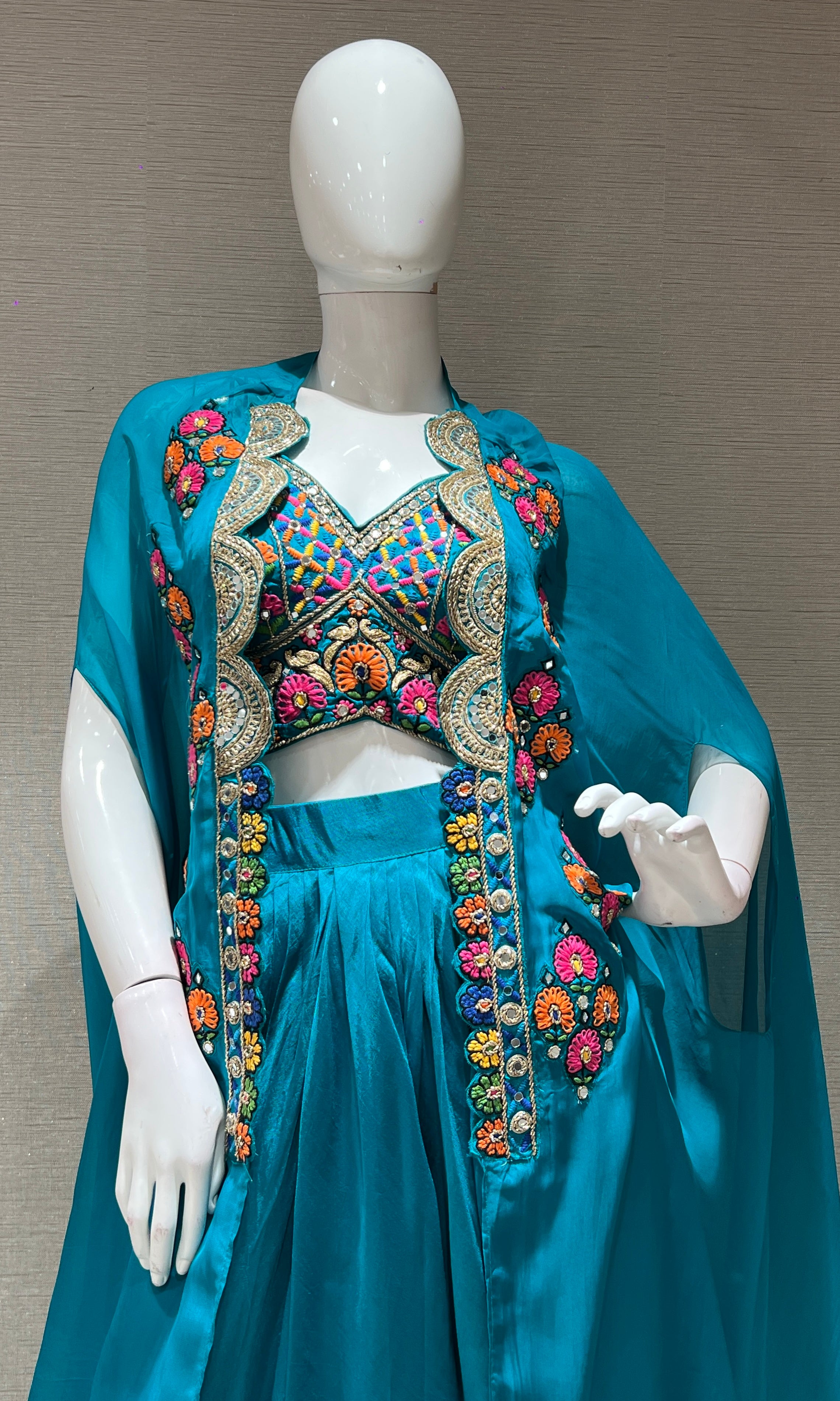 Rama blue SKIRT WITH FLORAL BLOUSE AND CAPE