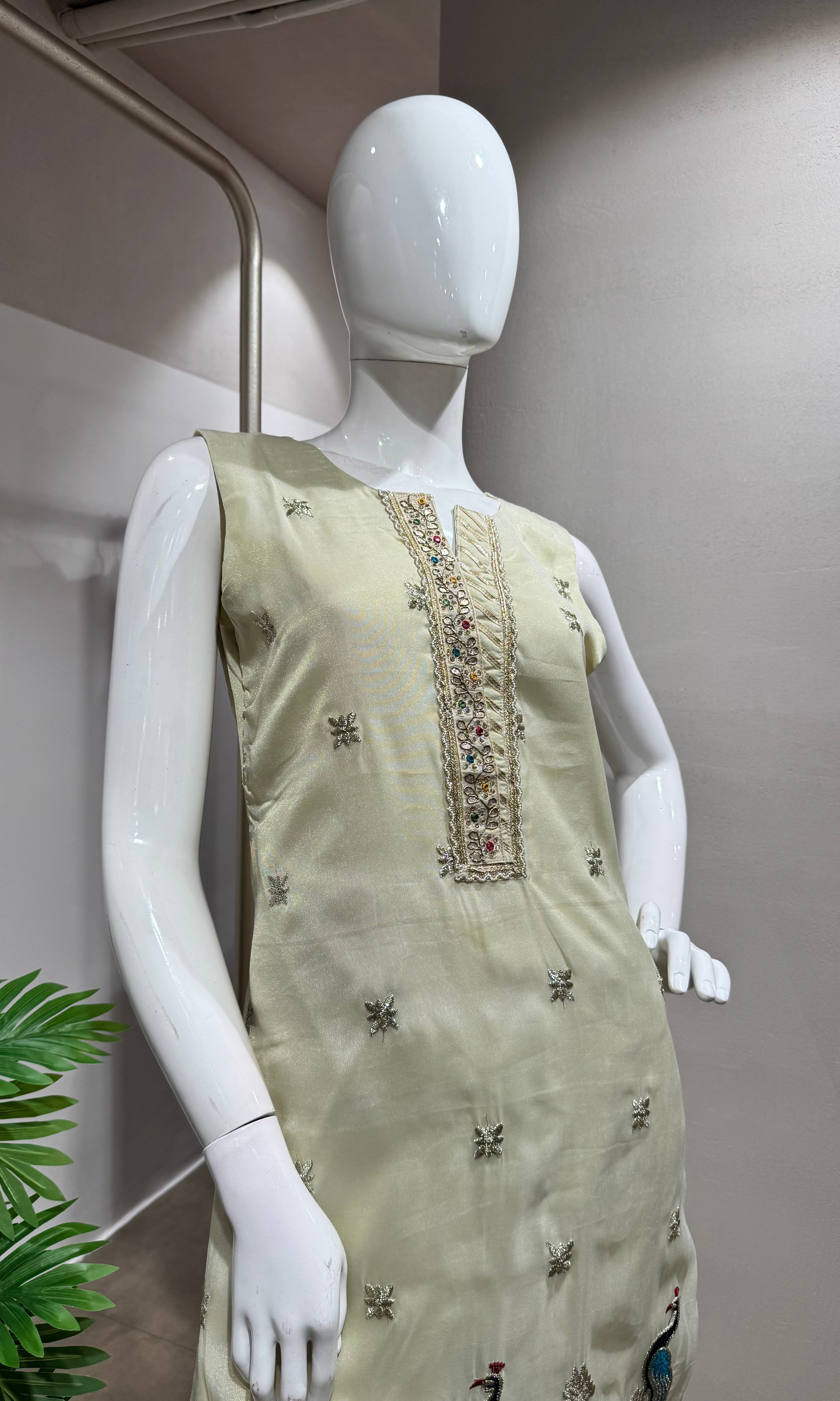 Cream Peacock Sharara Silk Ensemble