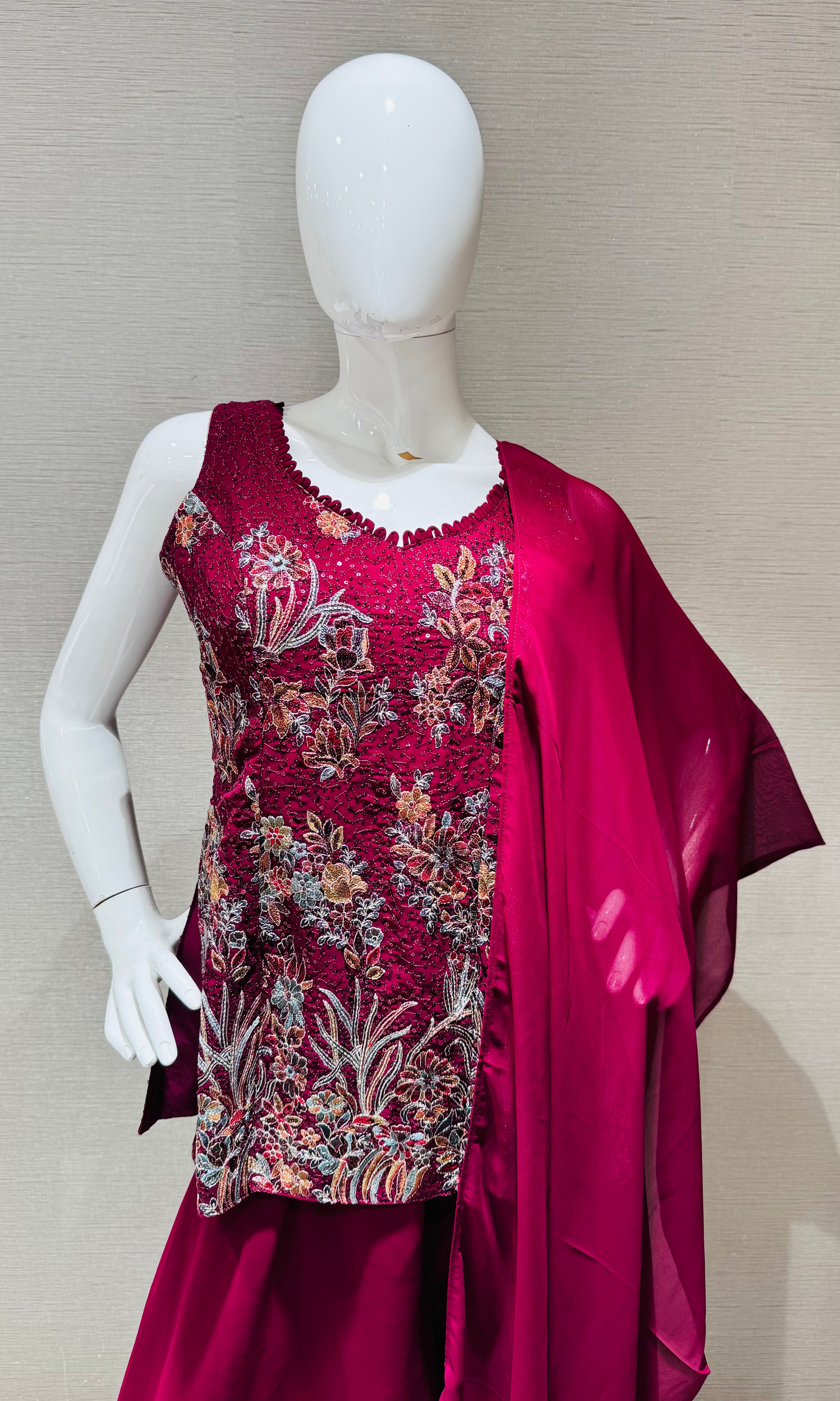 Wine floral zari georgette Palazzo set
