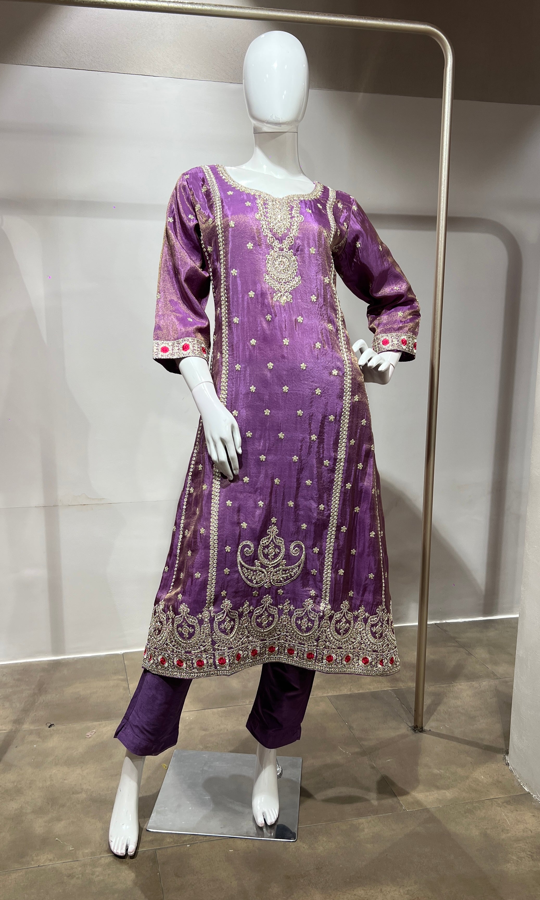 Lilac Silk Embroidered Kurta Suit with Dupatta