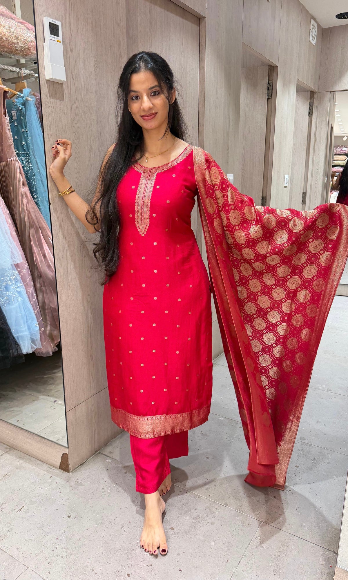 Red Banarasi silk Kurta Set with Patterned Dupatta