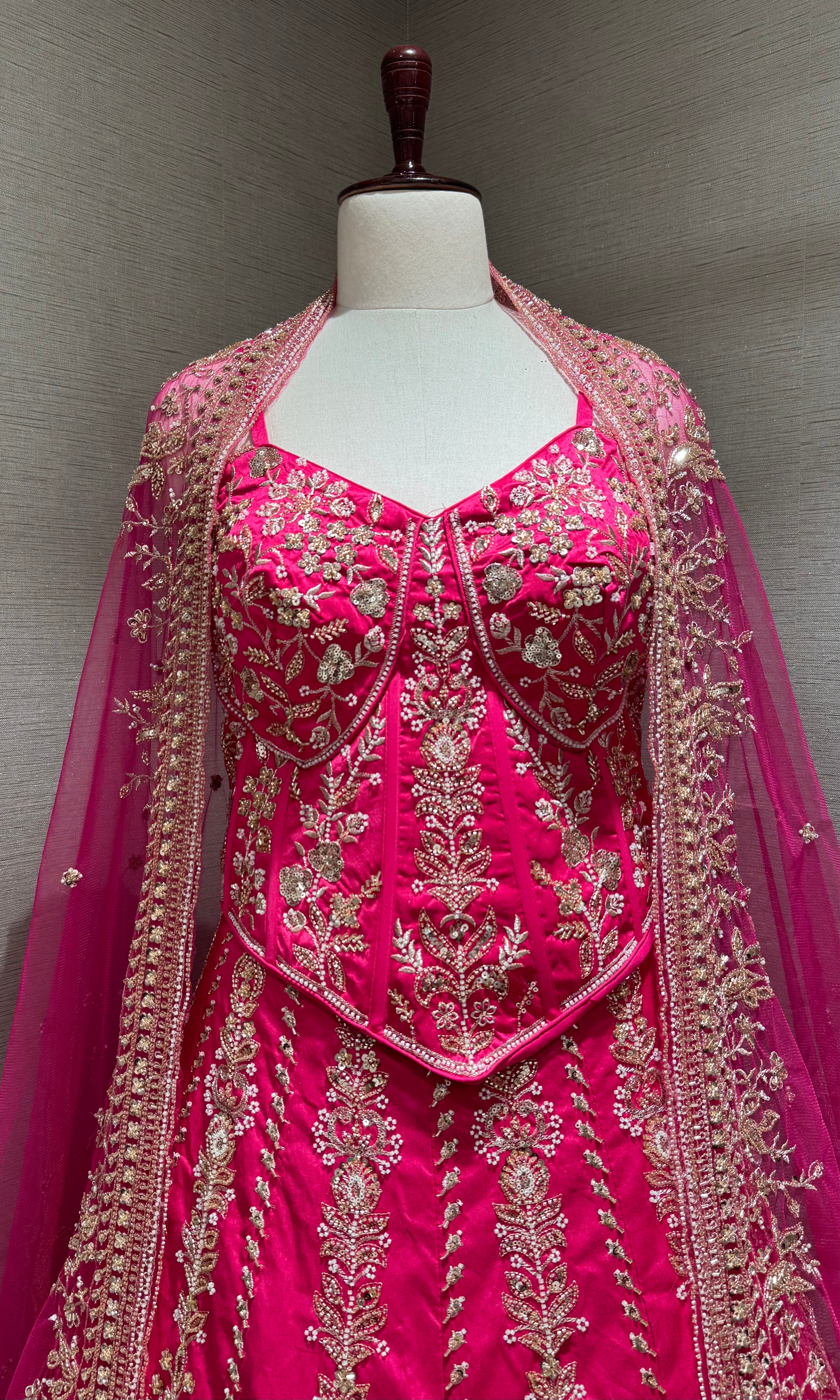 PINK EMBROIDERED PEPLUM CROP TOP LEHENGA SET