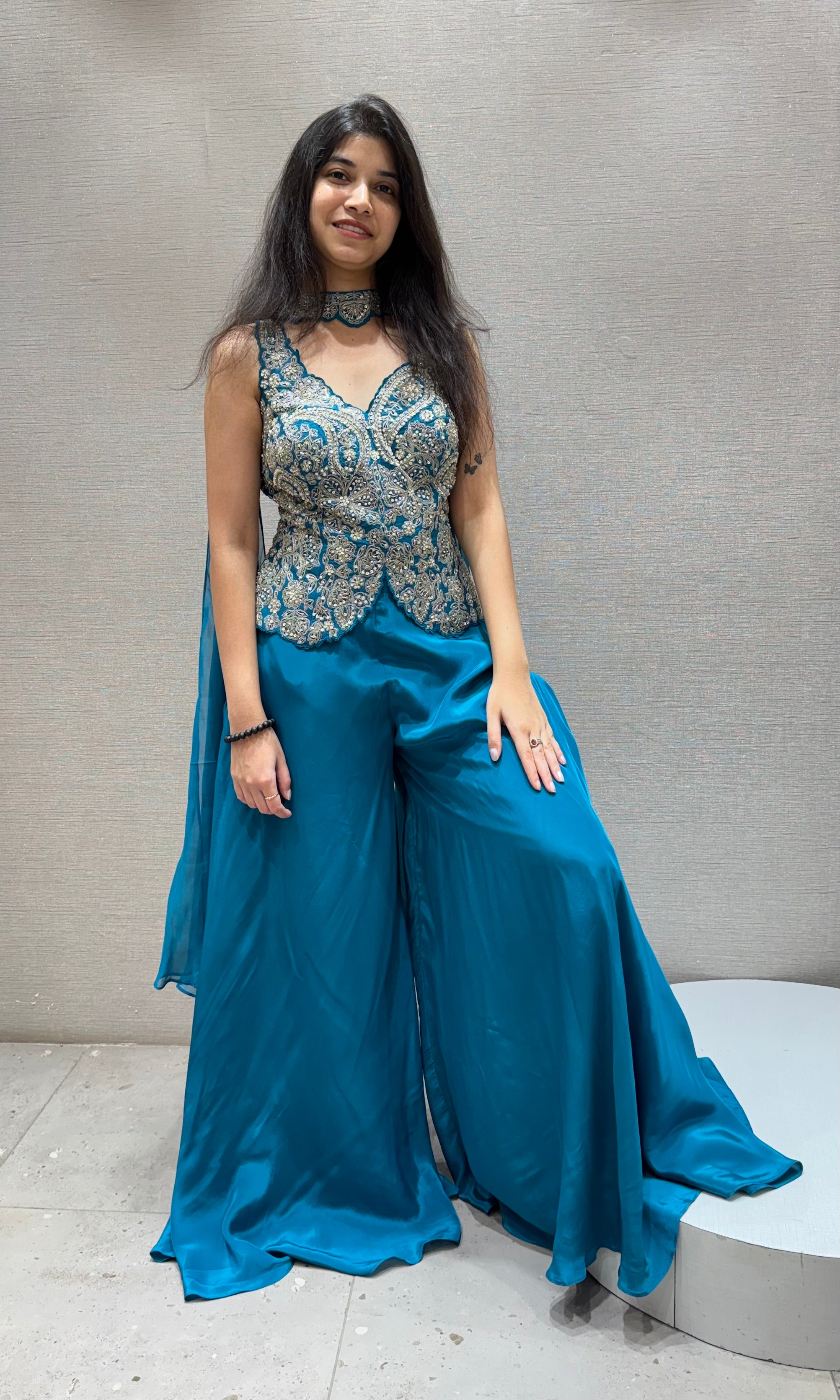 Rama blue EMBROIDERED PEPLUM PALAZZO SET