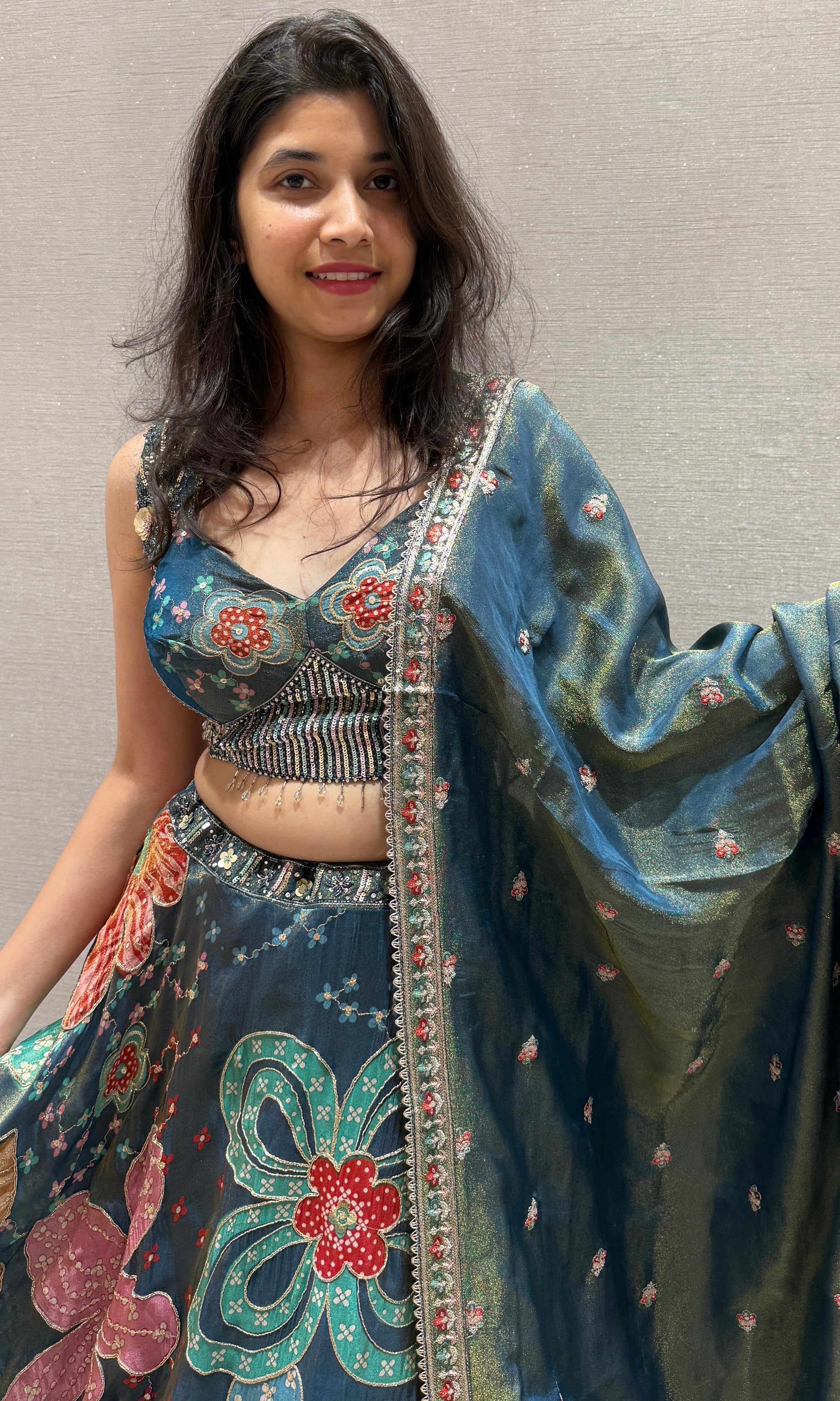 Teal Base Lehenga With Multicolour Floral Print