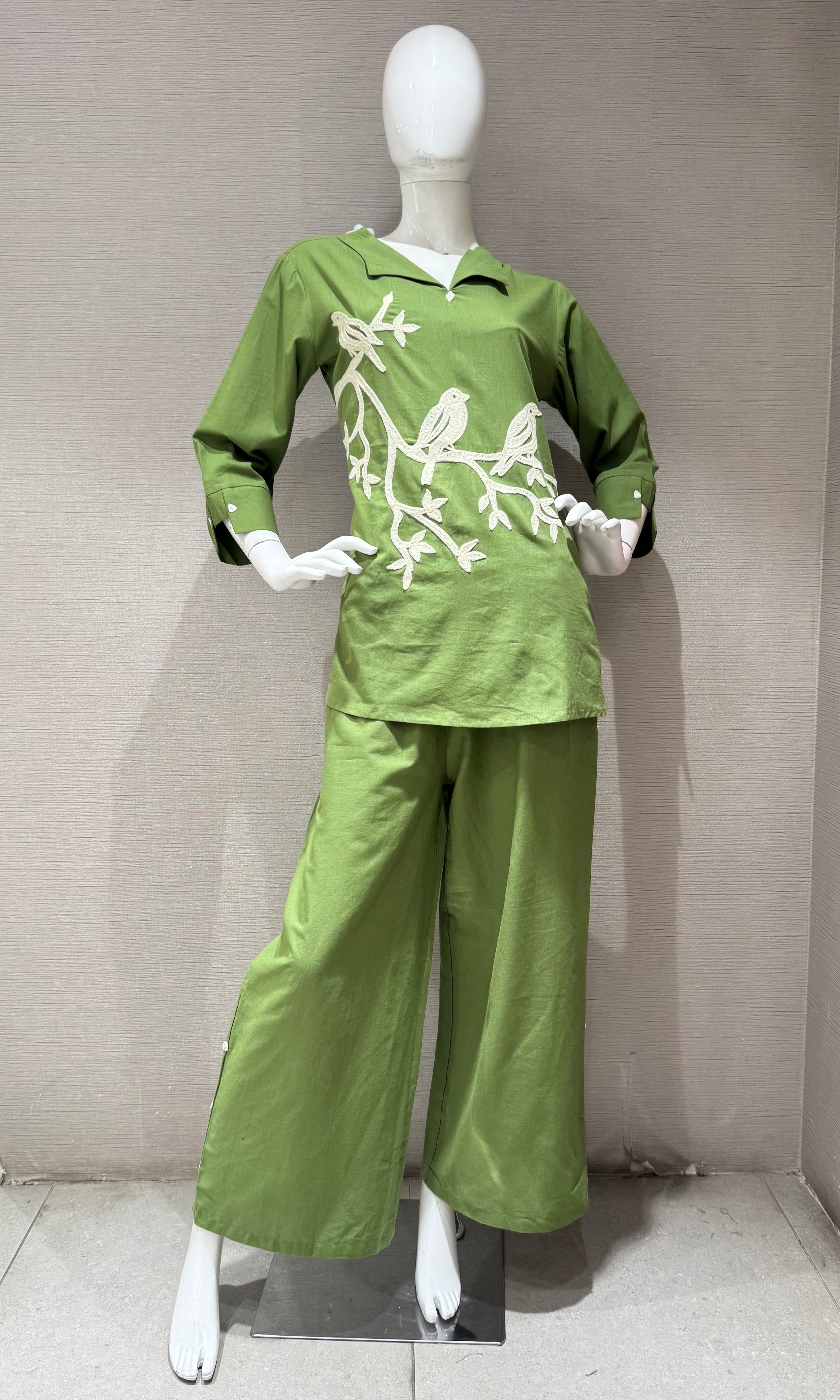 Green Bird Print Tunic Cord set