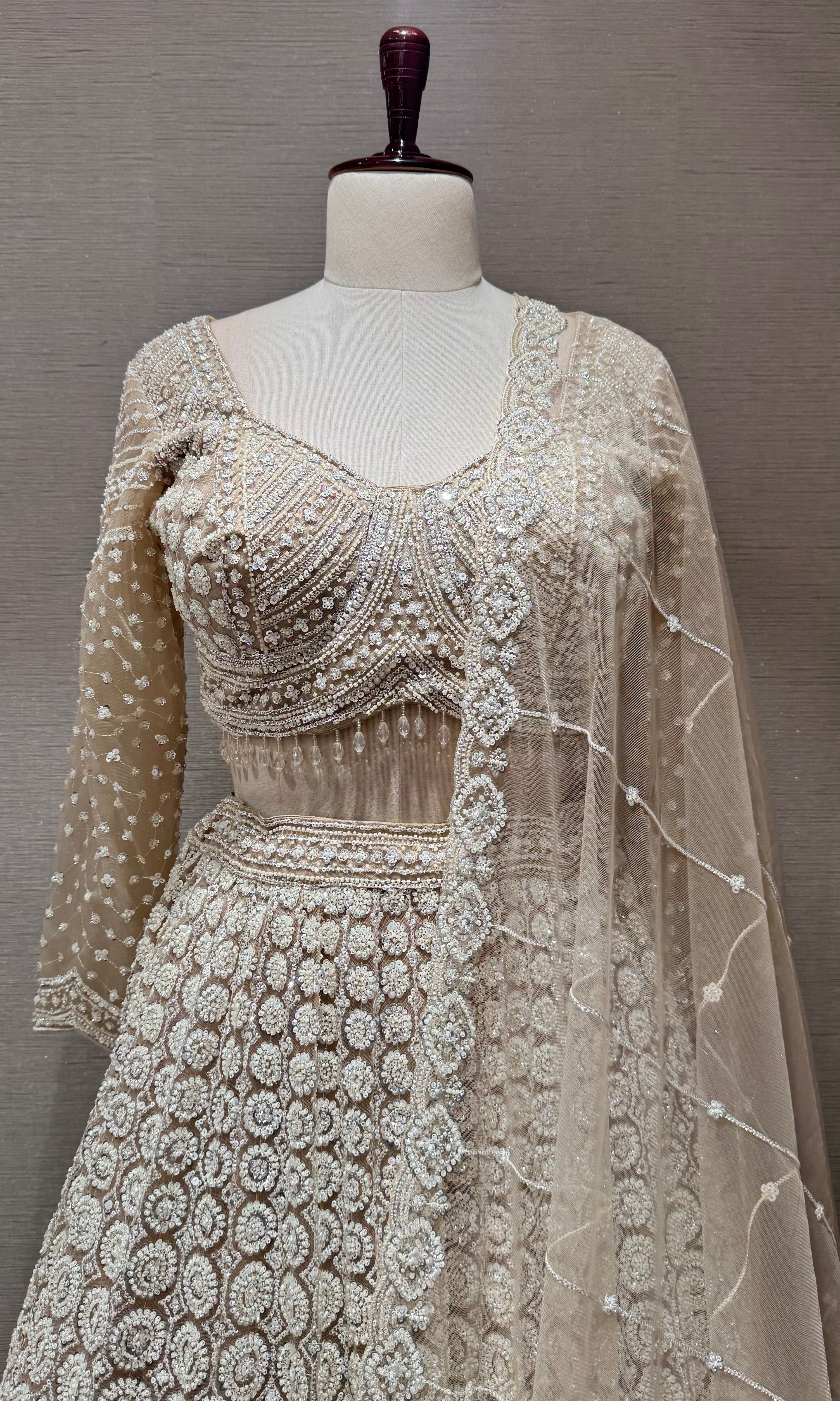 Beige Sequins and Beads Heavy Embroidered Lehenga