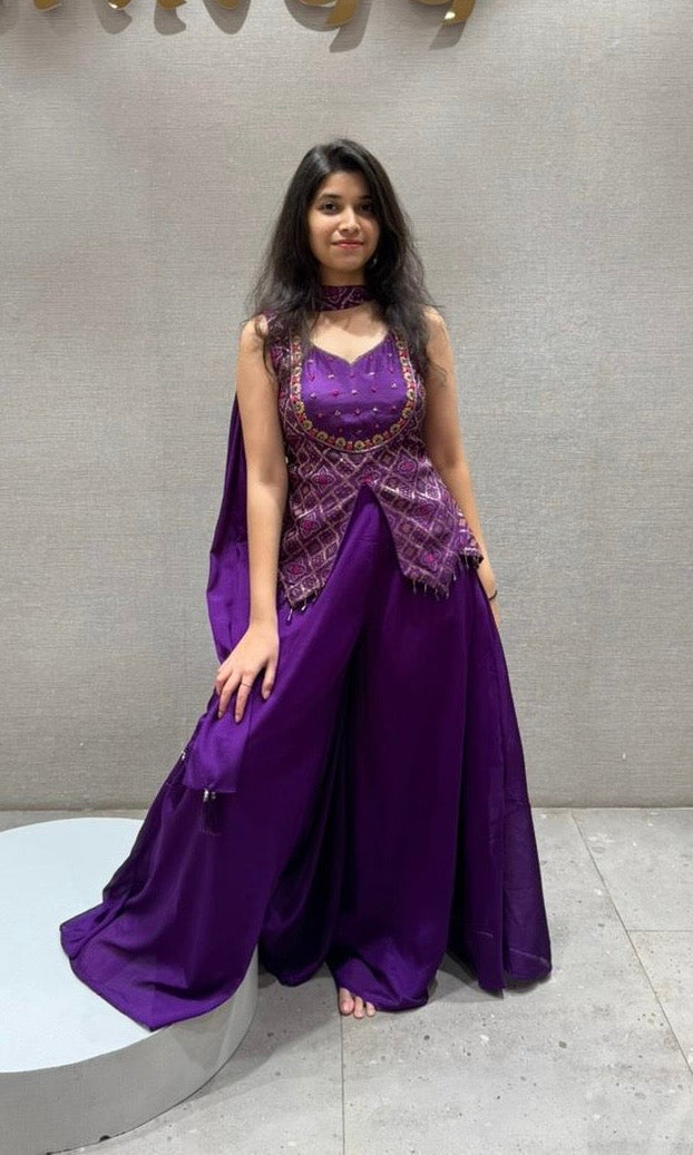 Purple palazzo Set with Layered Jacket Style Blouse