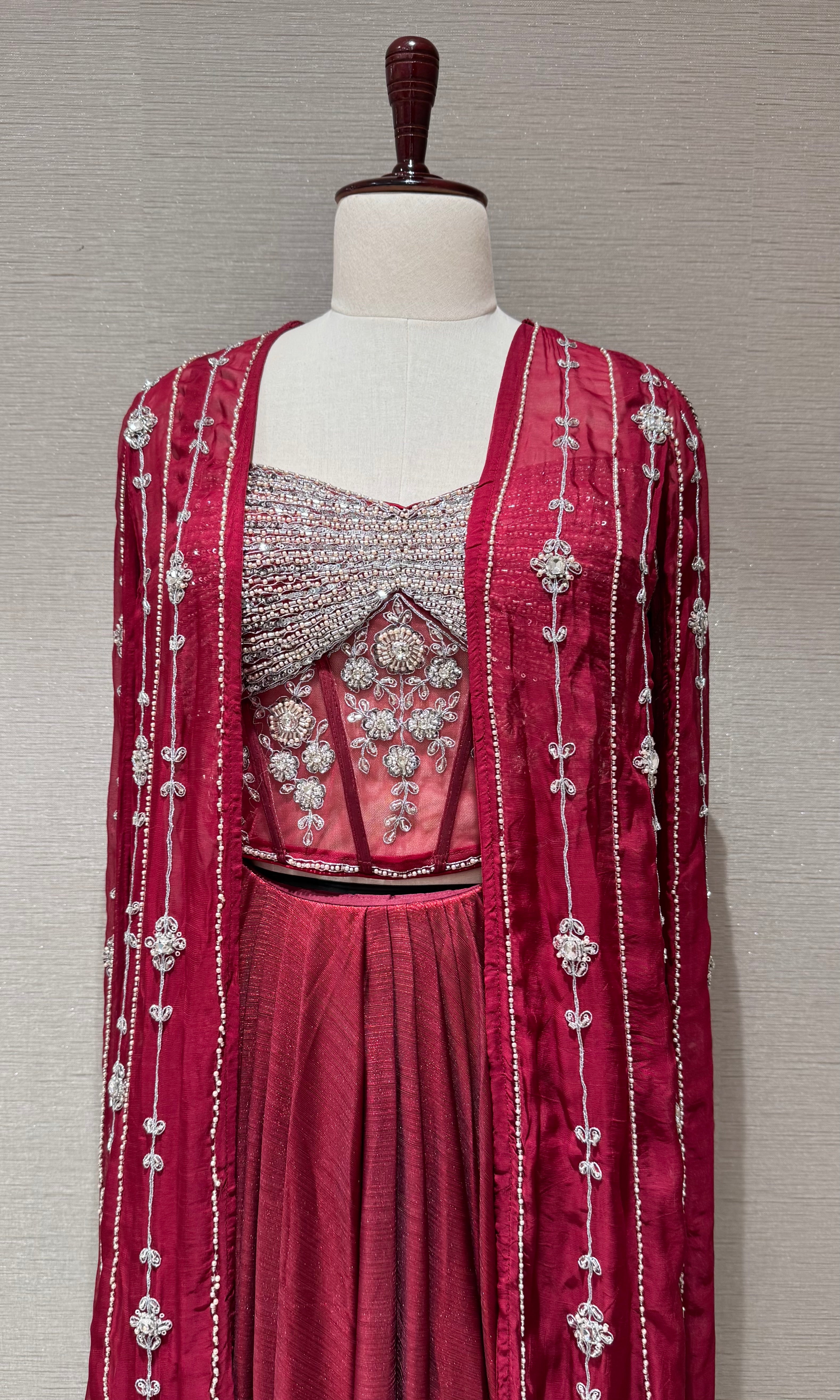 Maroon Deep Embroidered Cape Skirt
