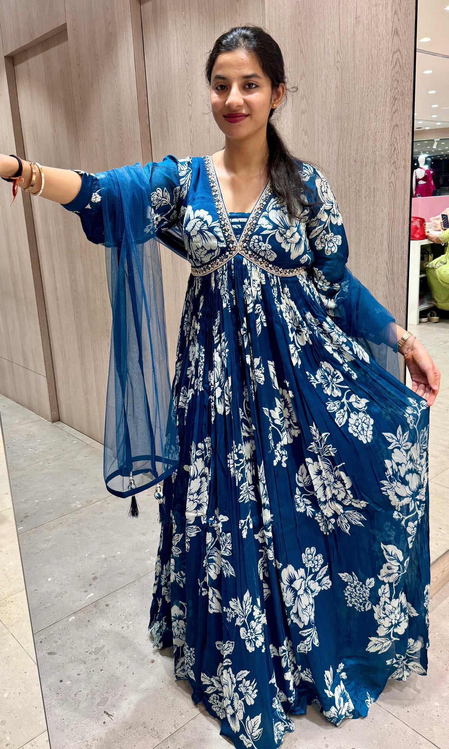 Blue floral print Alia cut long dress , frock gown