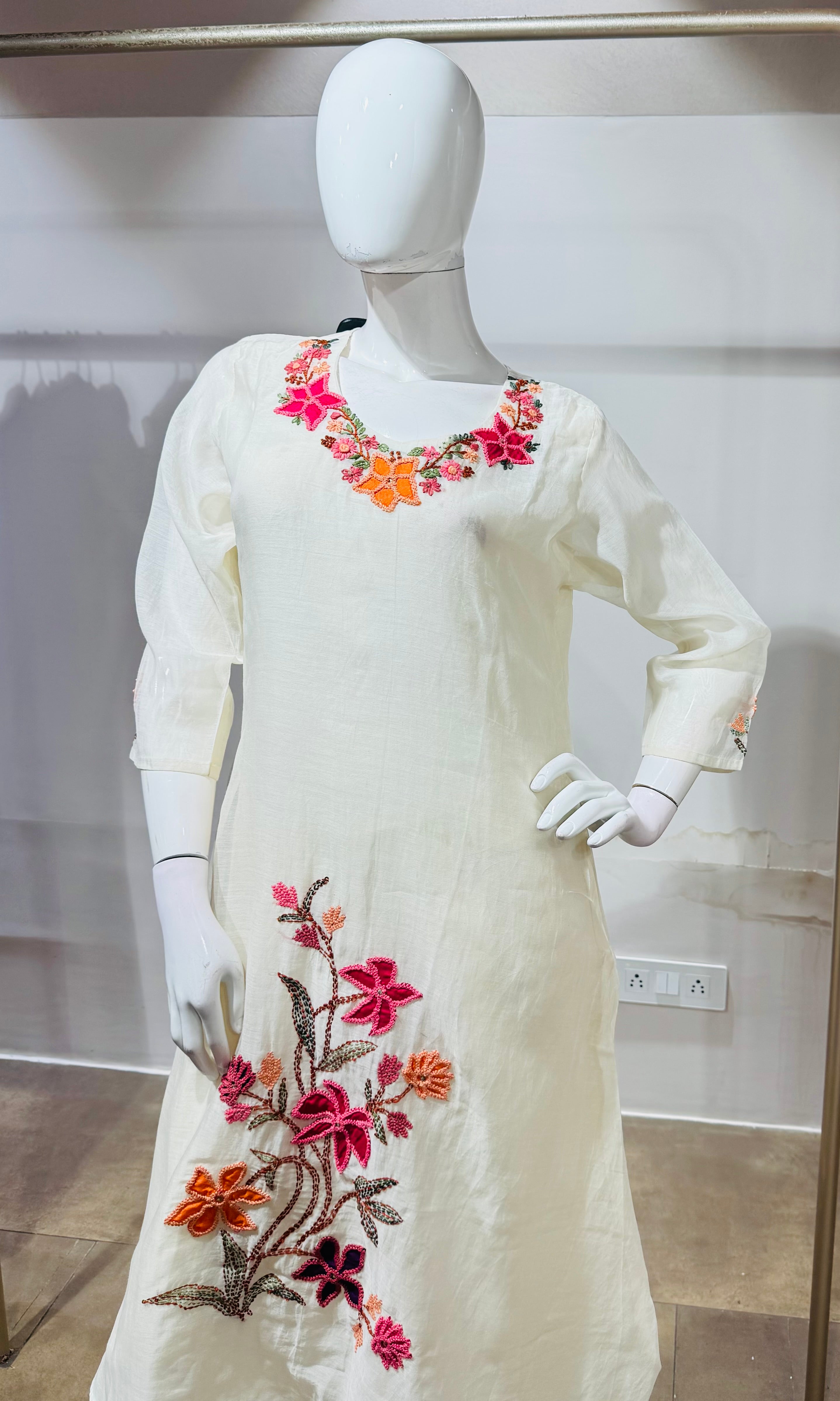 White Cotton Kurta Set with Botanical Embroidery