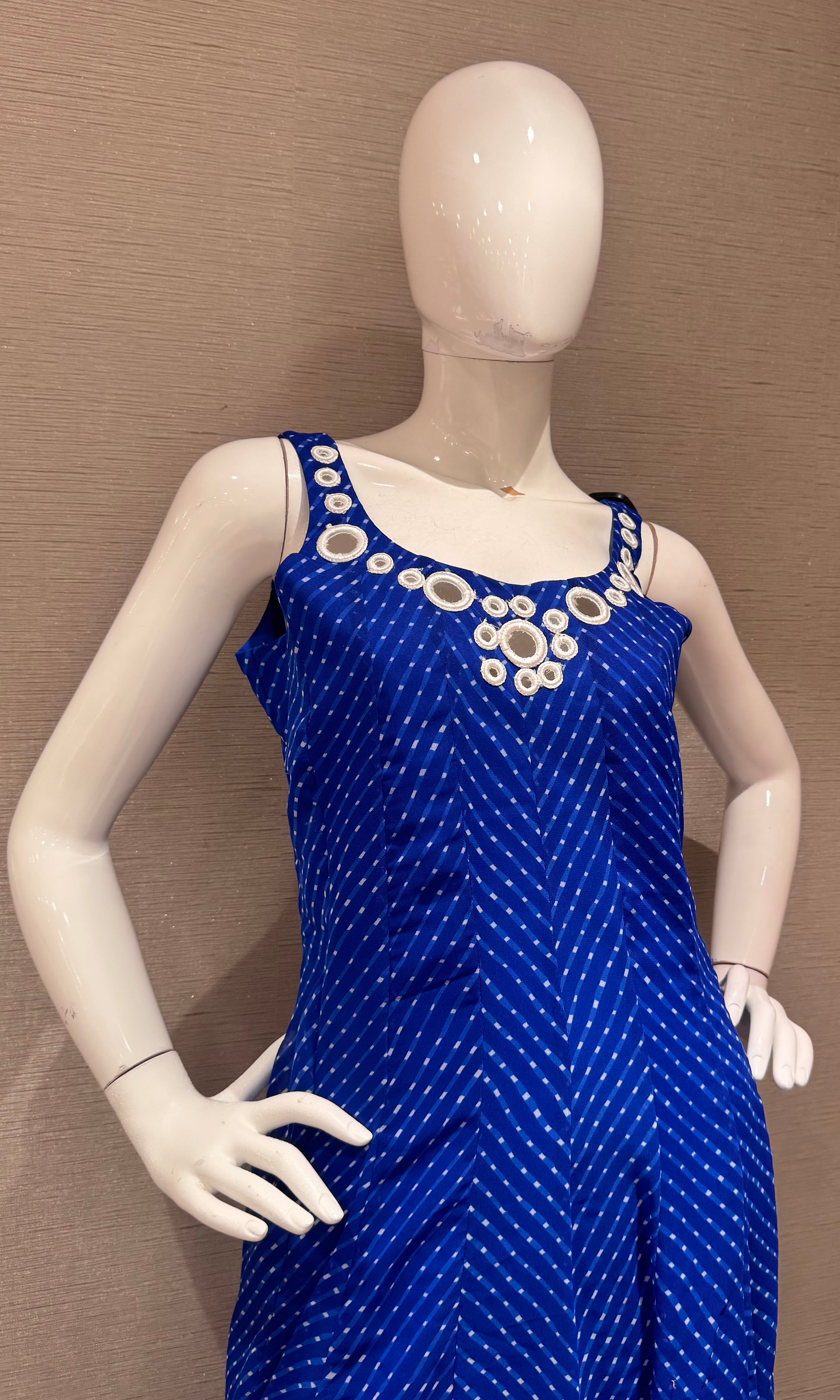 Blue bandhani print and intricate mirror anarkali set