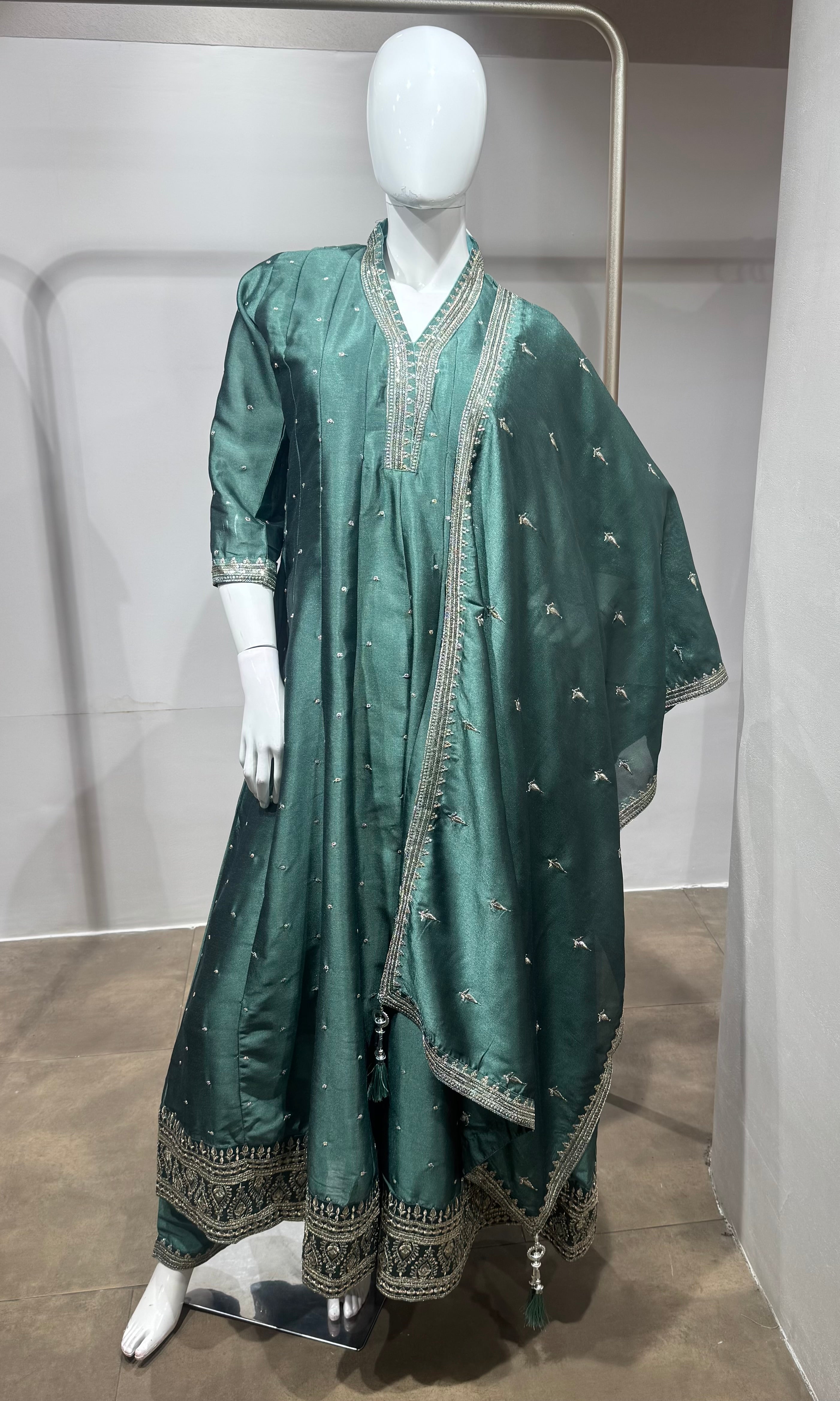 Green gold Embroidered Silk Anarkali set