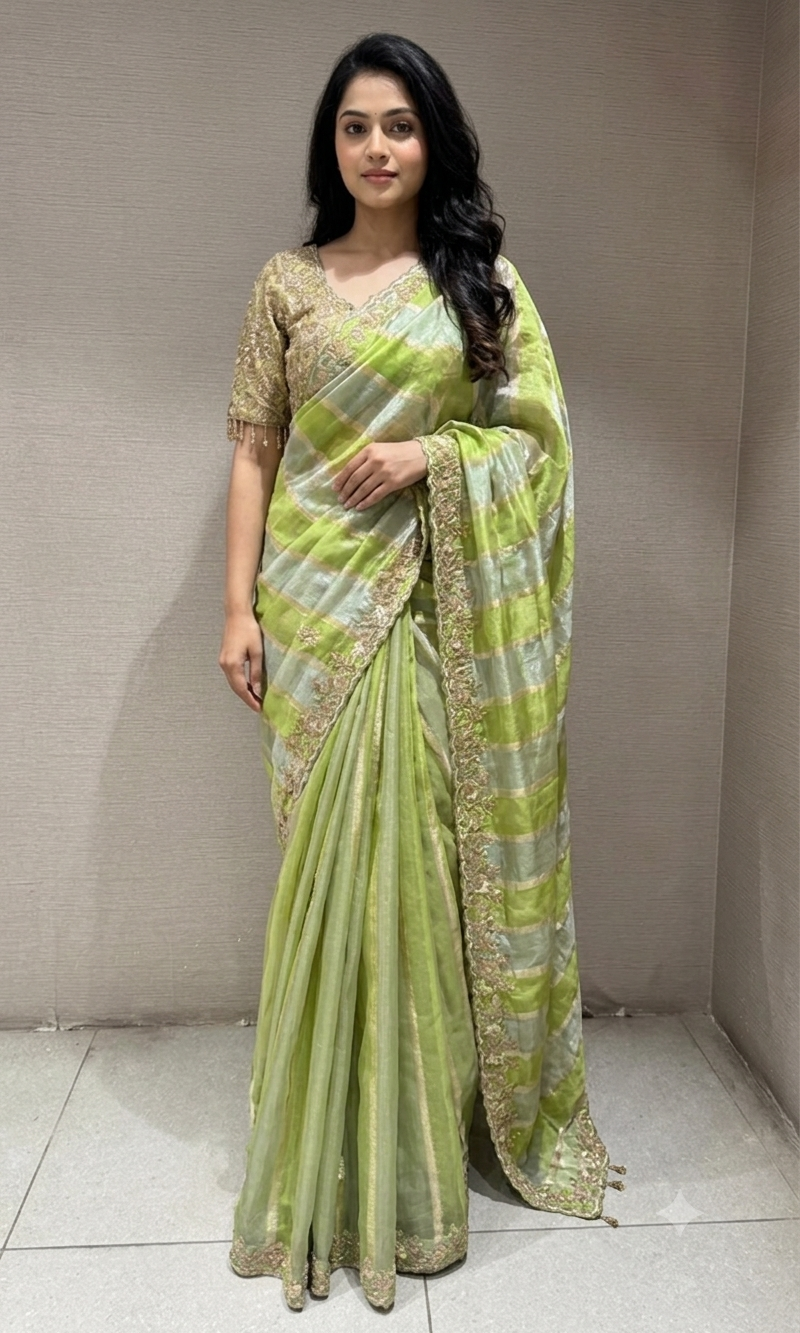 Green designer saree with embroidered blouse