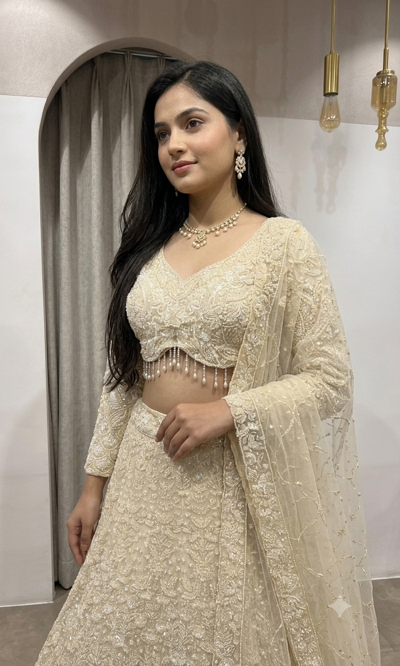 Cream Crystal bridal lehenga